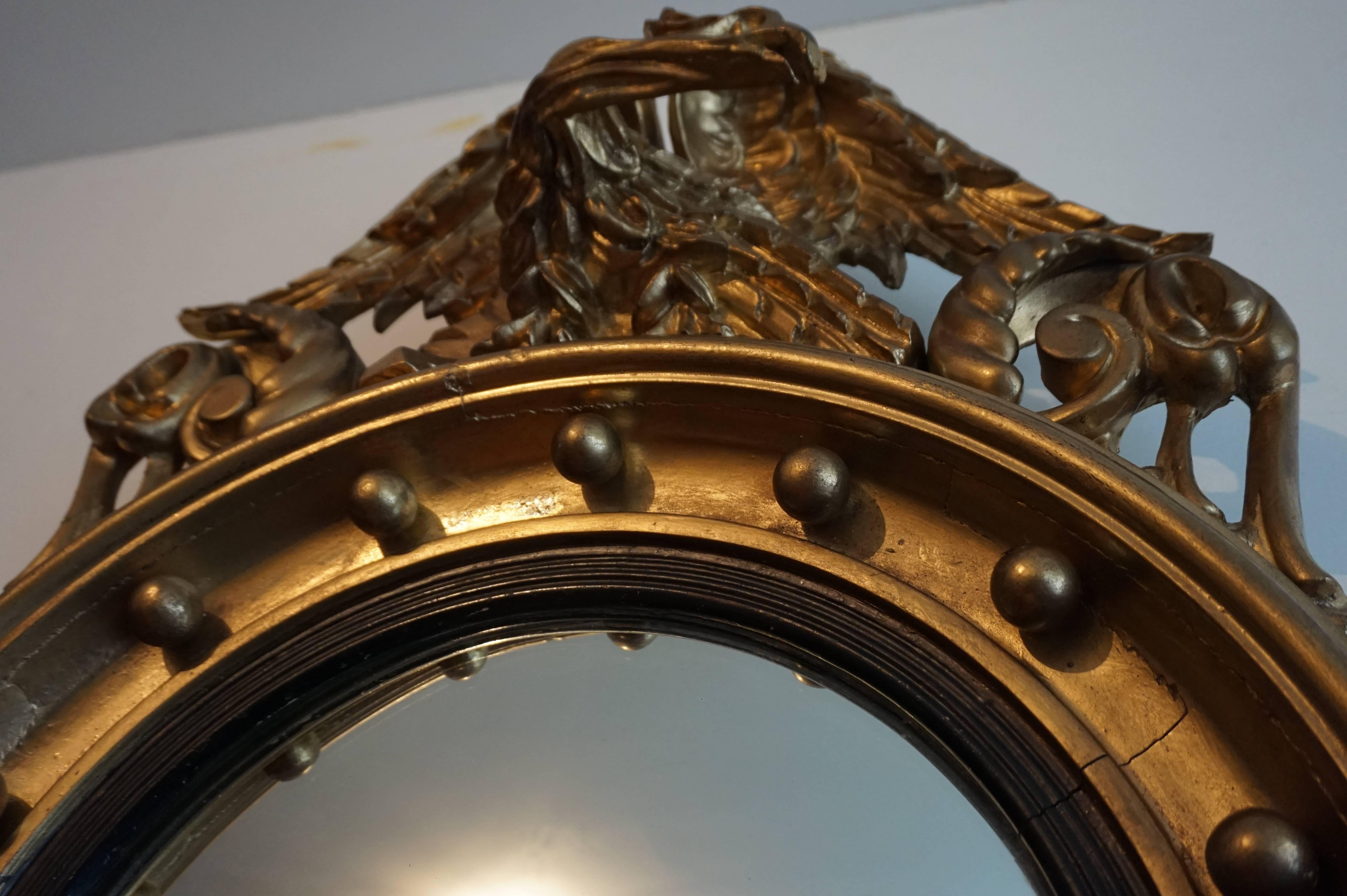 American Classical 19th Century Gilt Federal Style Convex Mirror or Butler Mirror with Carved Eagle