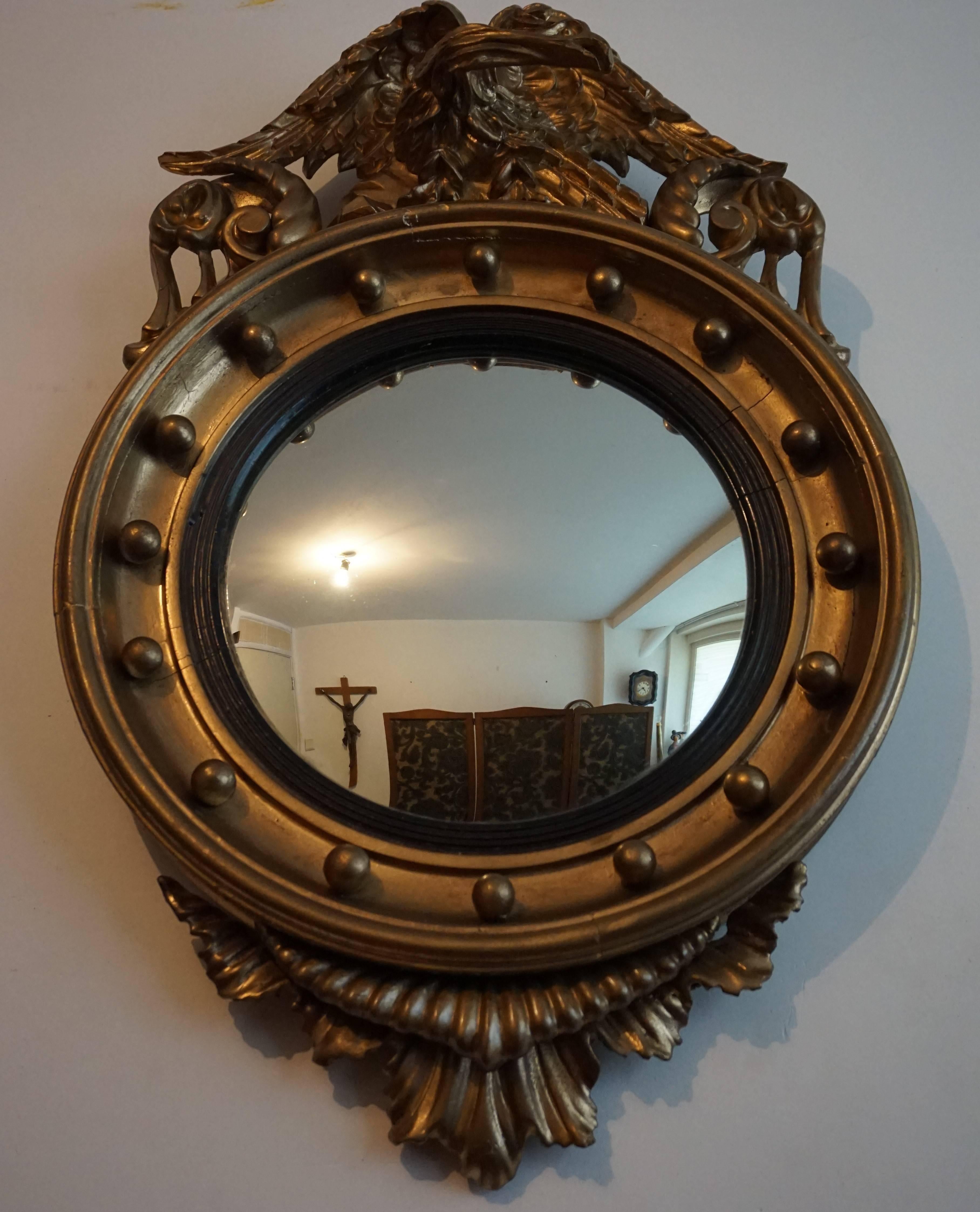 Hand-Carved 19th Century Gilt Federal Style Convex Mirror or Butler Mirror with Carved Eagle