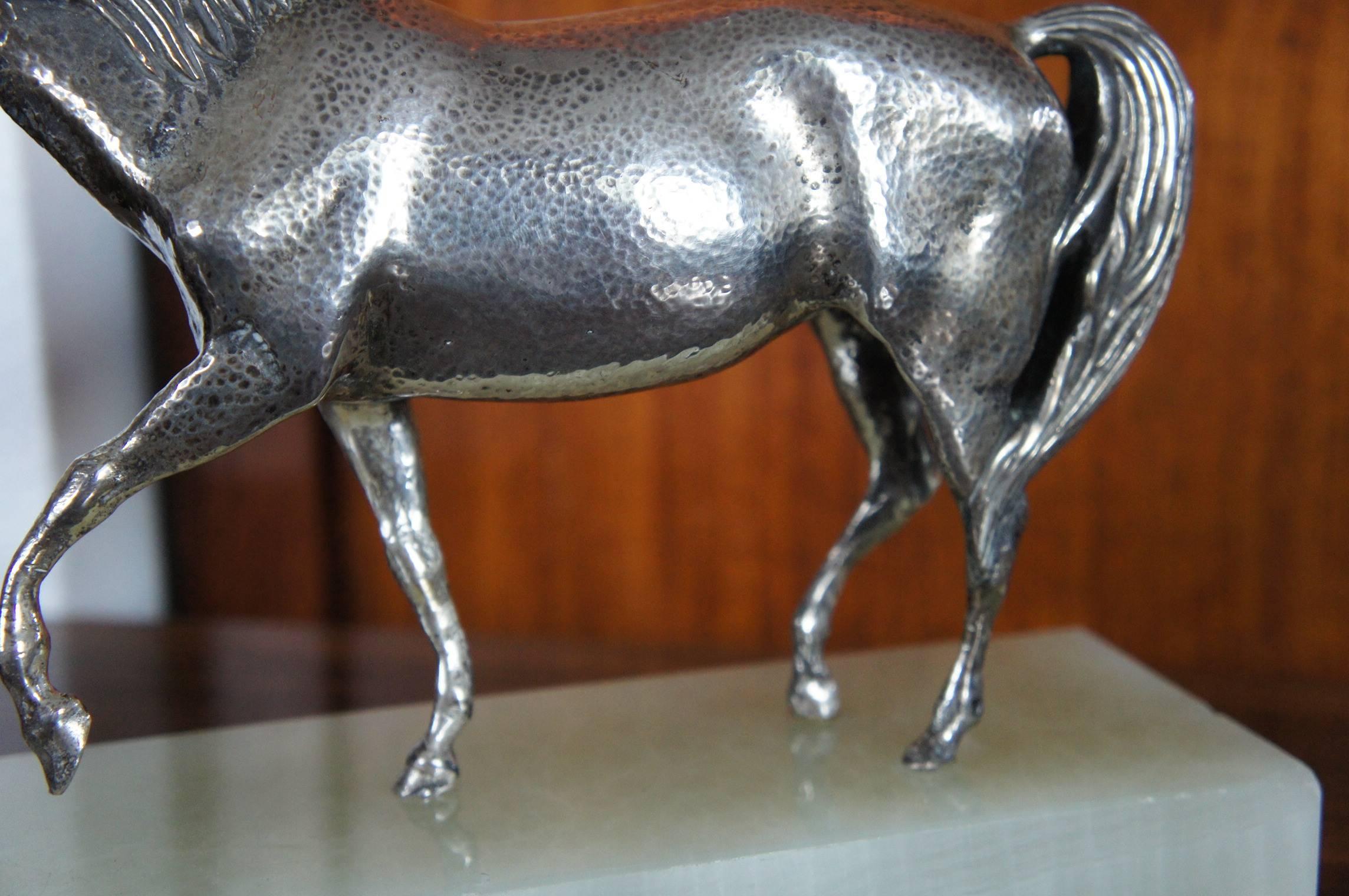 European Mid-20th Century Silver Plated Bronze Horse Sculpture On A Green Onyx Base For Sale