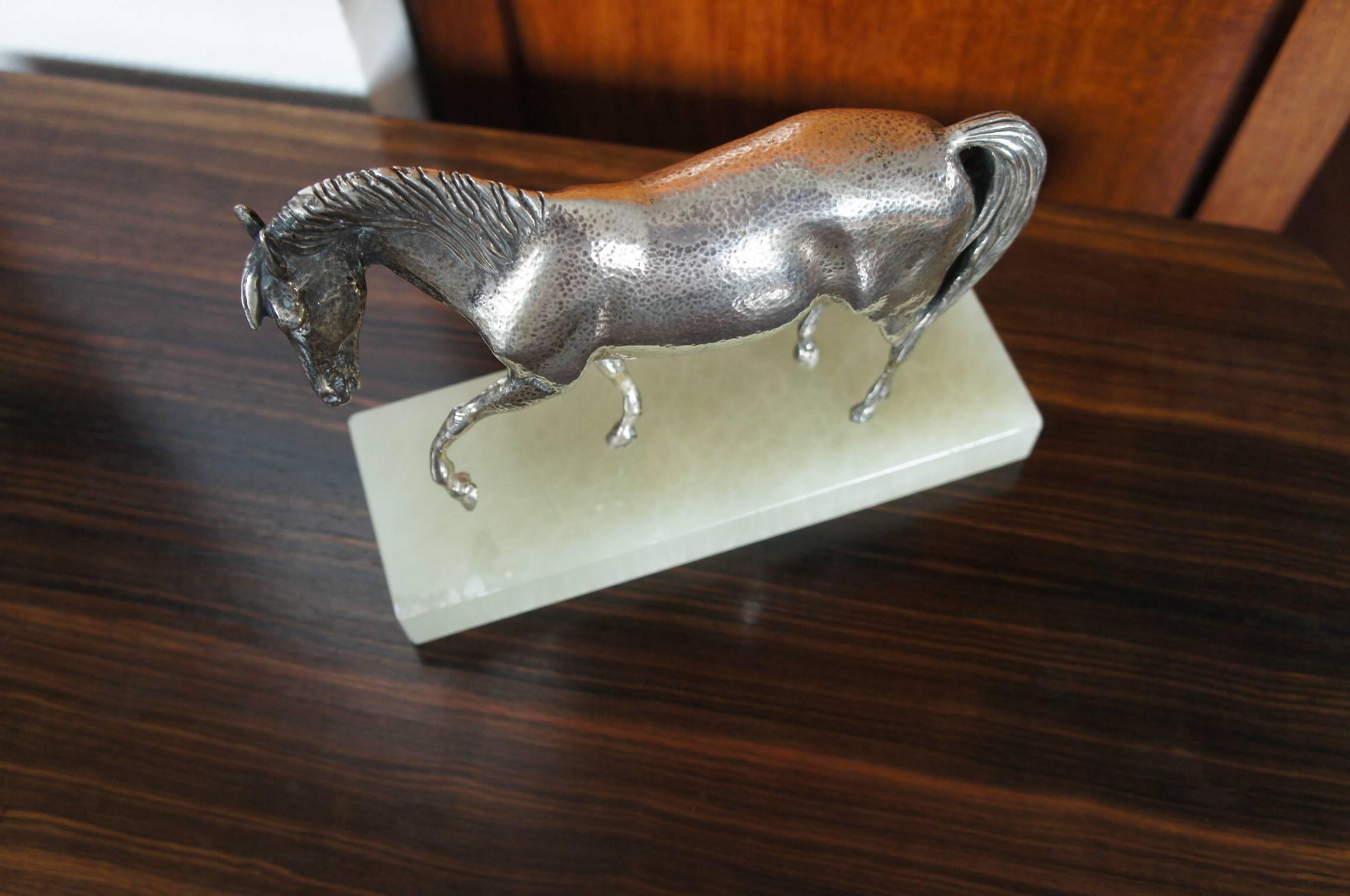 Hand-Crafted Mid-20th Century Silver Plated Bronze Horse Sculpture On A Green Onyx Base For Sale