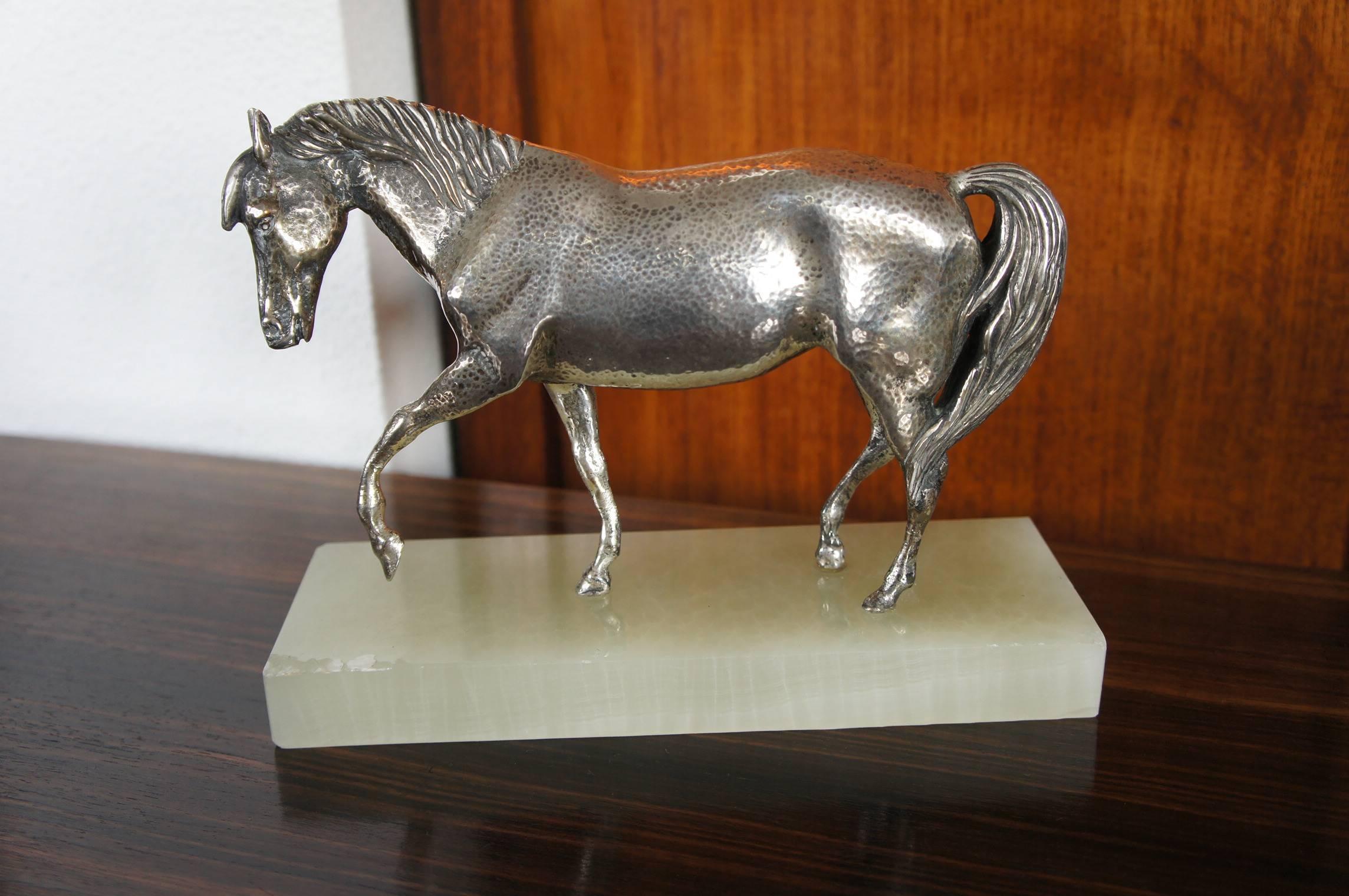 Mid-20th Century Silver Plated Bronze Horse Sculpture On A Green Onyx Base For Sale 1
