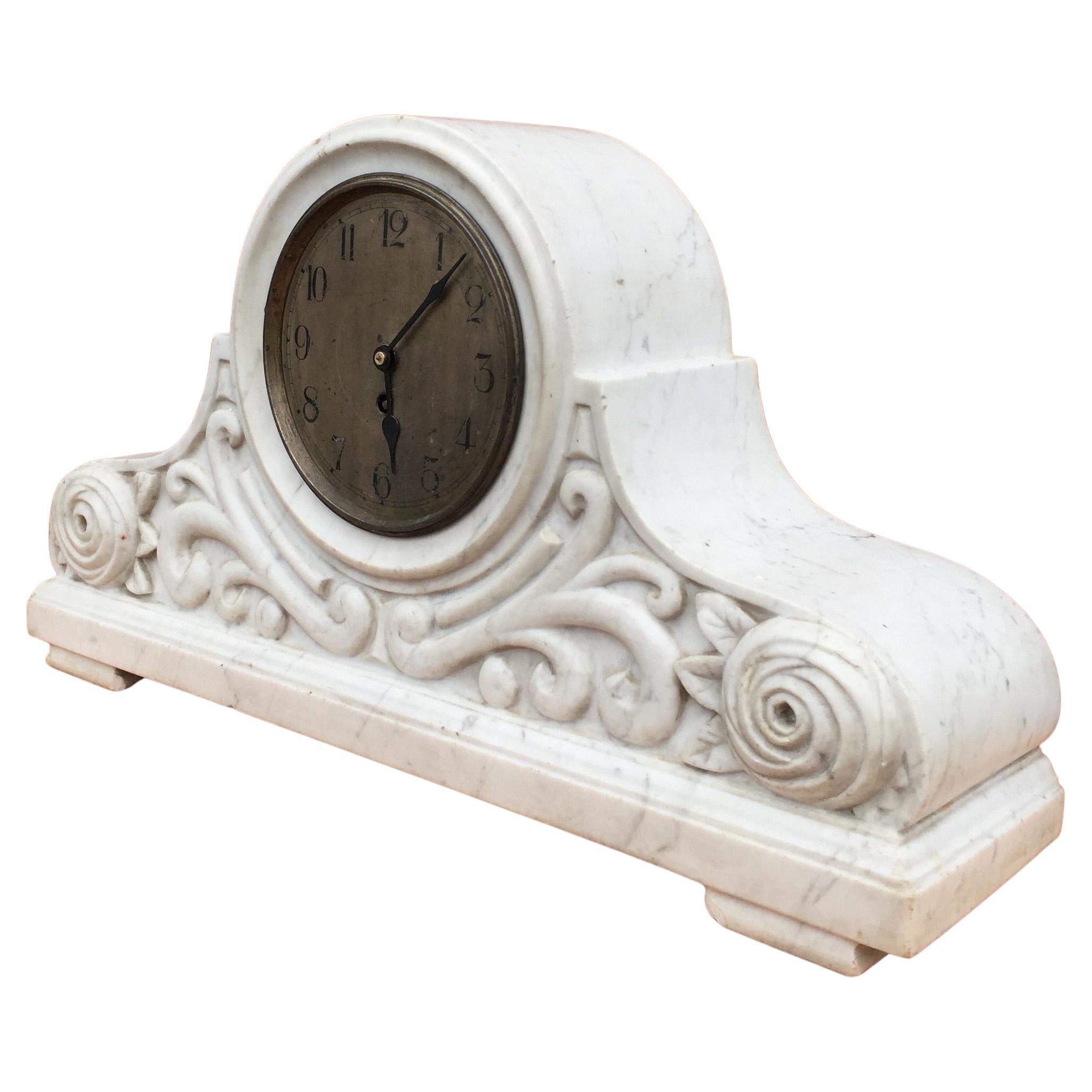 Brilliant Art Deco Italian White Carrara Marble Table Clock with Stylish Roses