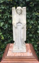 Early 1900 Hand-Carved Marble Angel Figure Statue with Wings Beautiful Sculpture