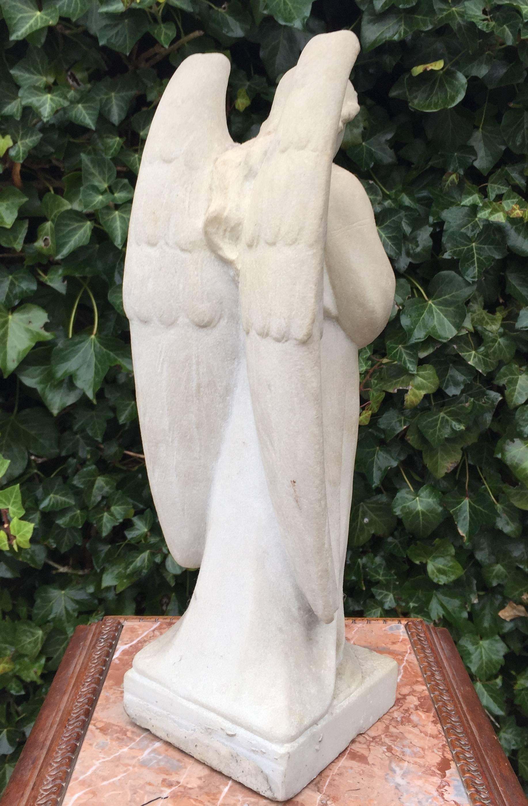 20th Century Early 1900 Hand-Carved Marble Angel Figure Statue with Wings Beautiful Sculpture