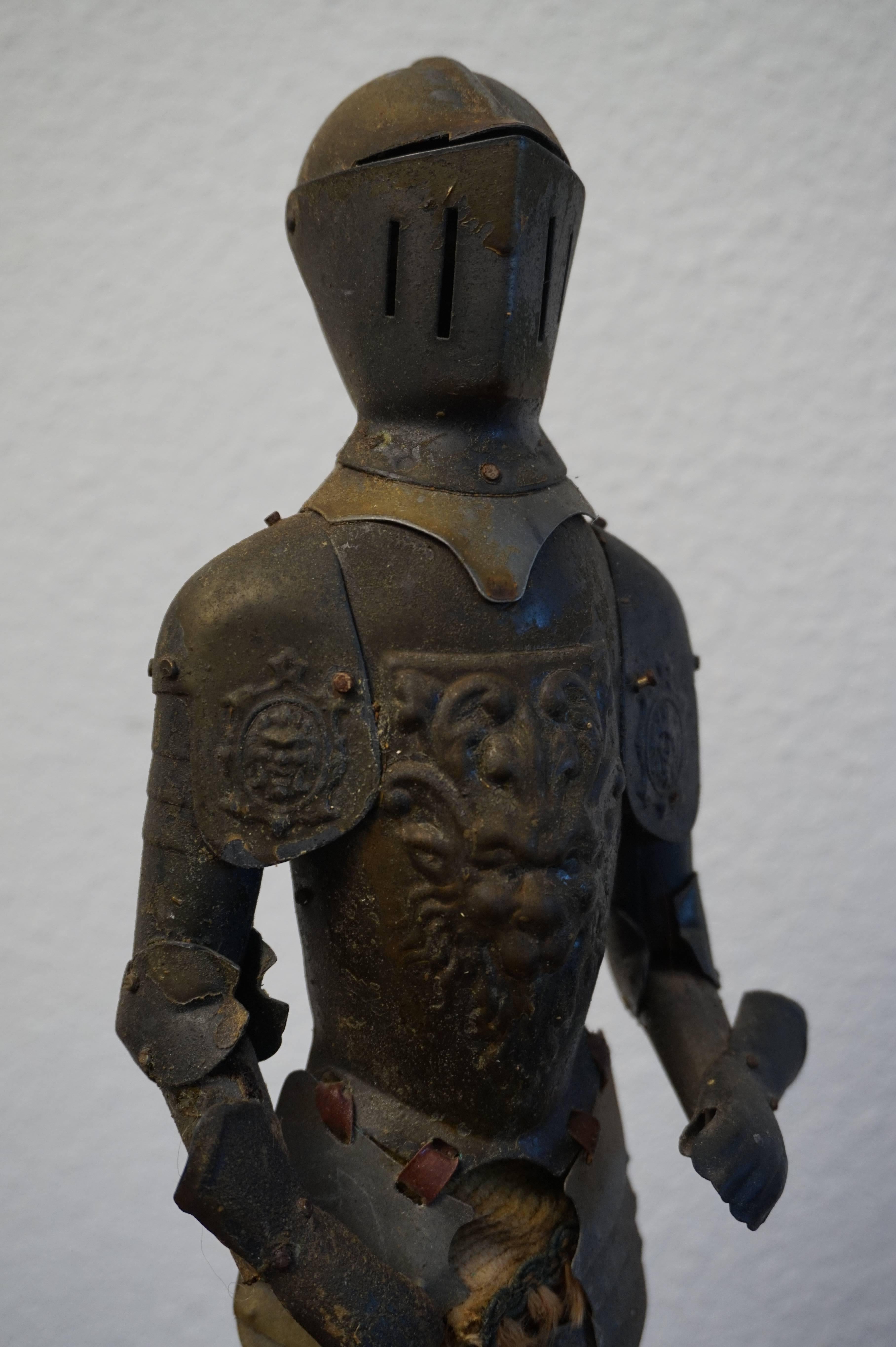 Hand-Carved Antique Miniature Medieval Style Knight of Tin with Embossed Lion Heads