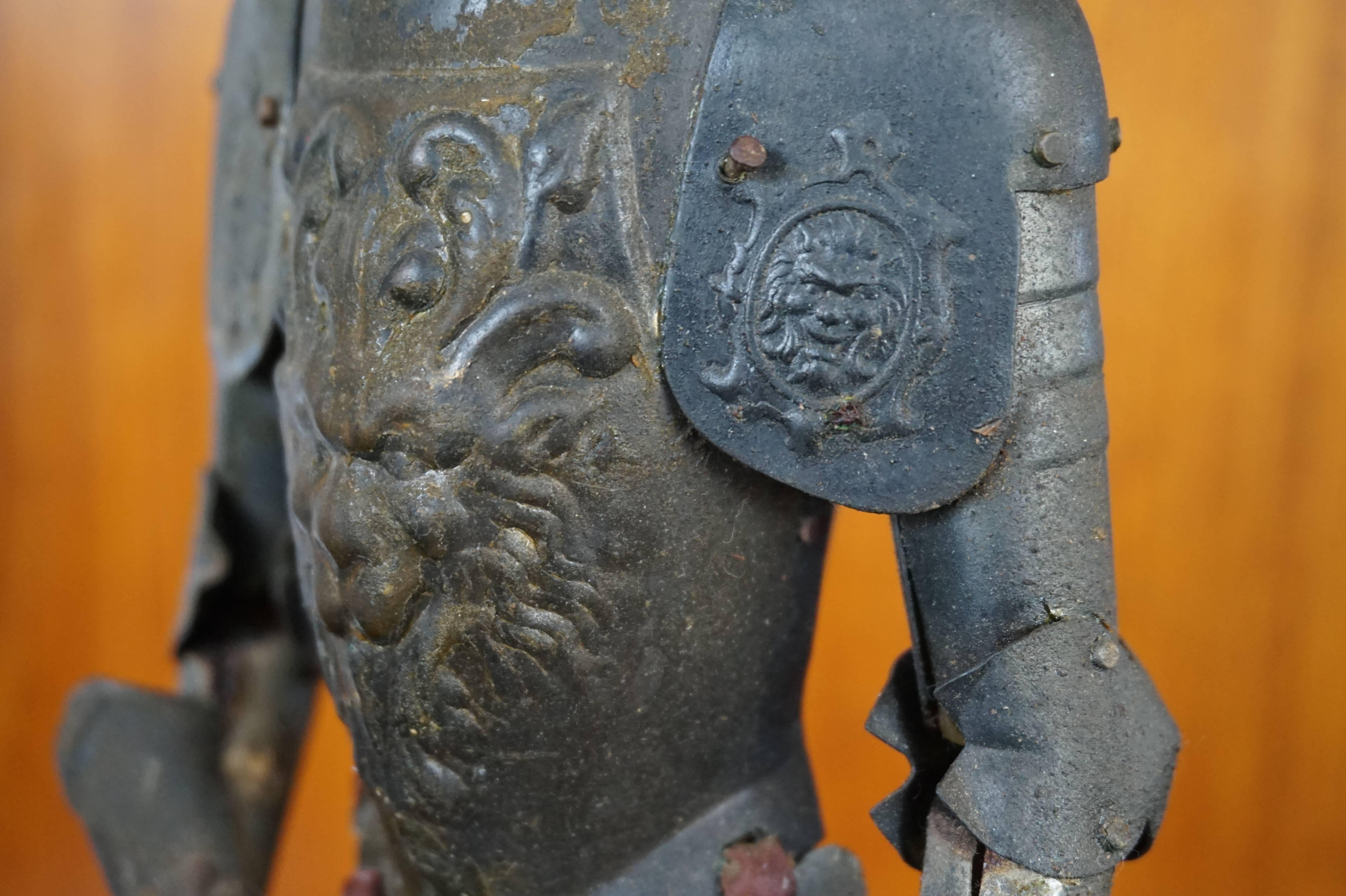 European Antique Miniature Medieval Style Knight of Tin with Embossed Lion Heads