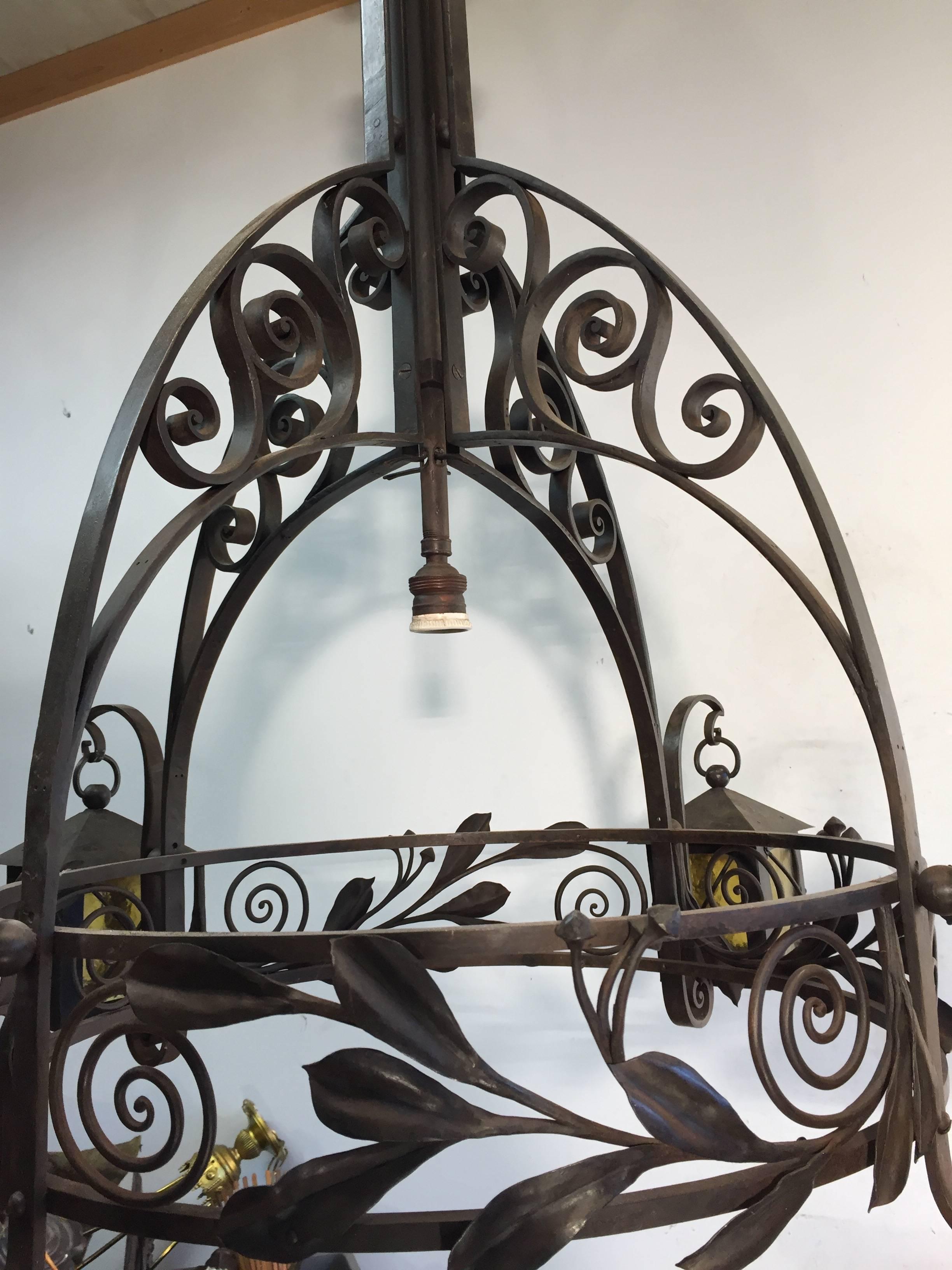 20th Century Large and Stunning Antique, Art Deco Wrought Iron Chandelier by Francois Carion For Sale
