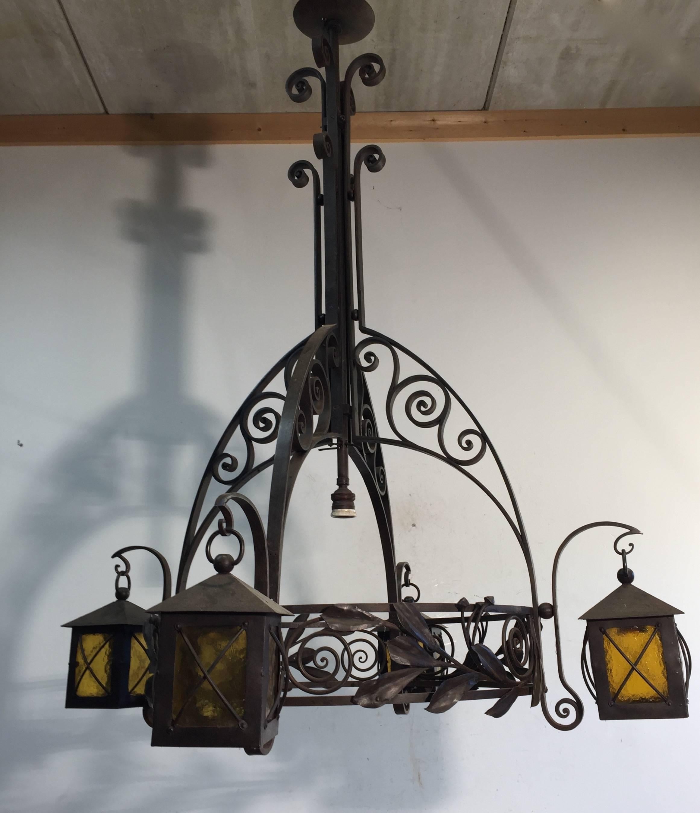 Glass Large and Stunning Antique, Art Deco Wrought Iron Chandelier by Francois Carion For Sale