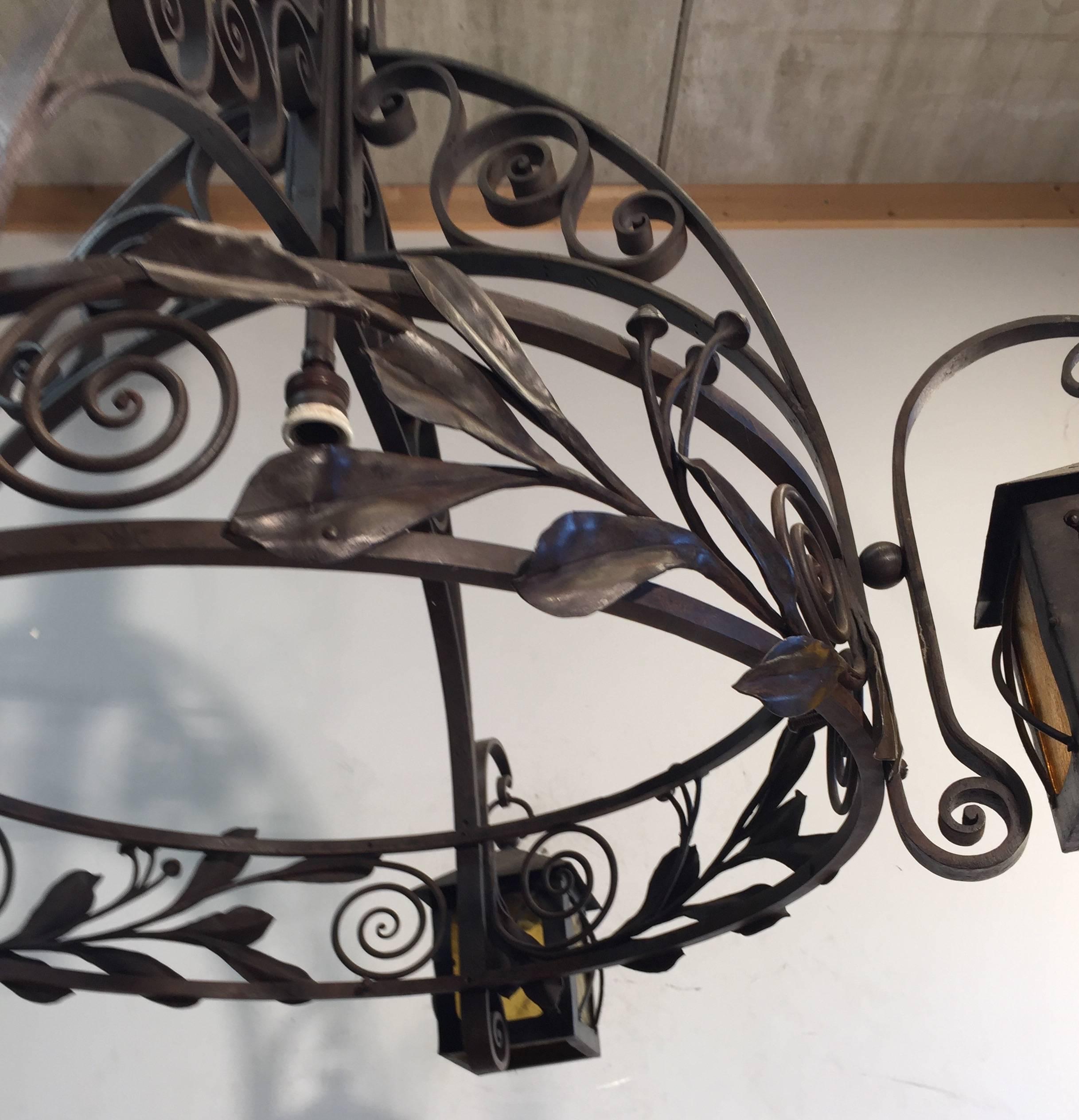 Large and Stunning Antique, Art Deco Wrought Iron Chandelier by Francois Carion For Sale 1