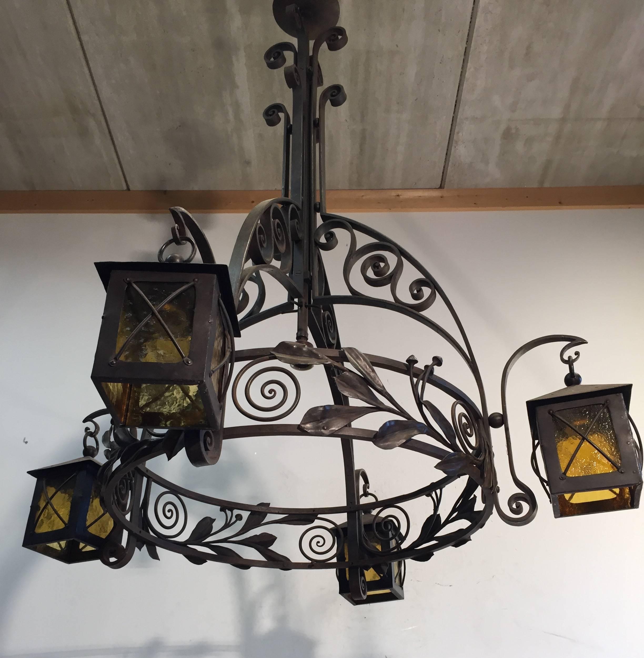 Large and Stunning Antique, Art Deco Wrought Iron Chandelier by Francois Carion For Sale 2