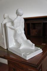 Pair of Glazed White Ceramic Art Deco Muscular Male Bookends