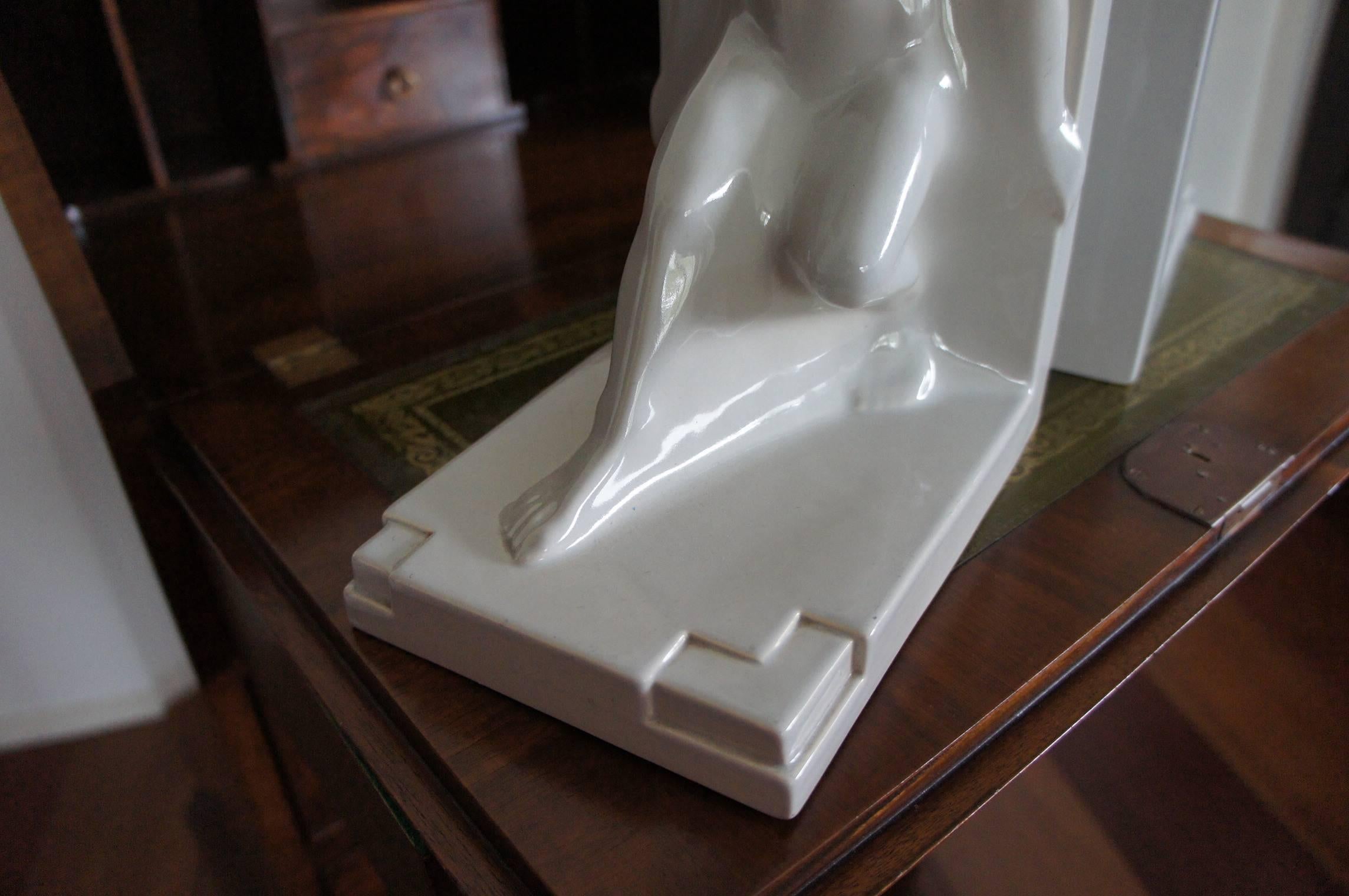Pair of Glazed White Ceramic Art Deco Muscular Male Bookends 1