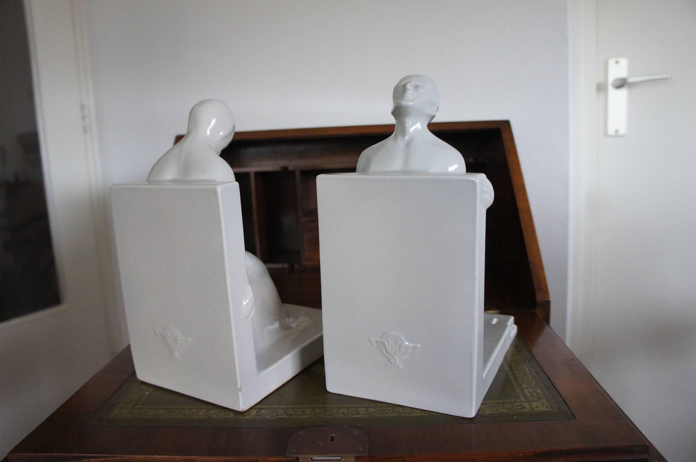 Pair of Glazed White Ceramic Art Deco Muscular Male Bookends 4