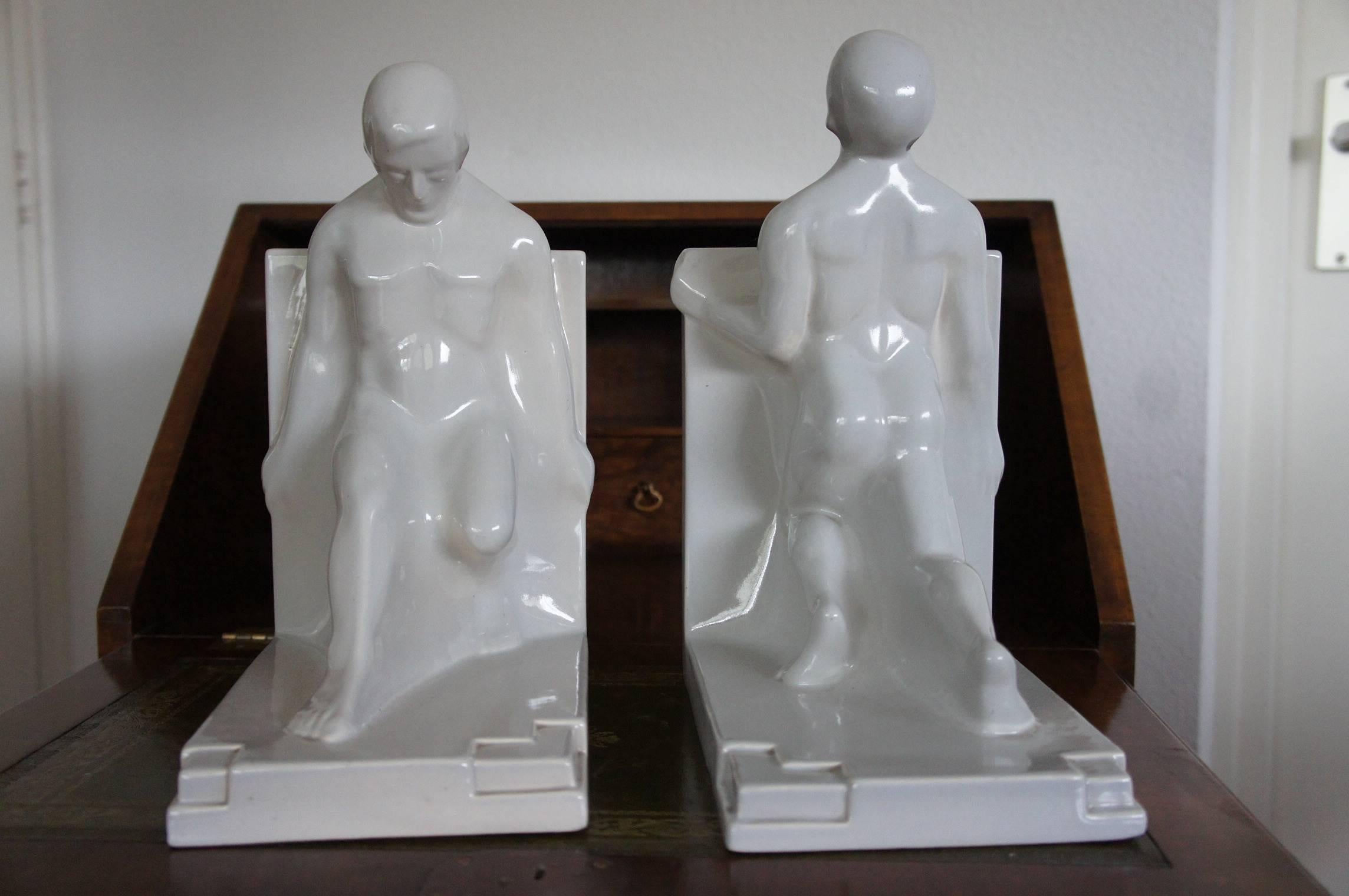 Pair of Glazed White Ceramic Art Deco Muscular Male Bookends 5