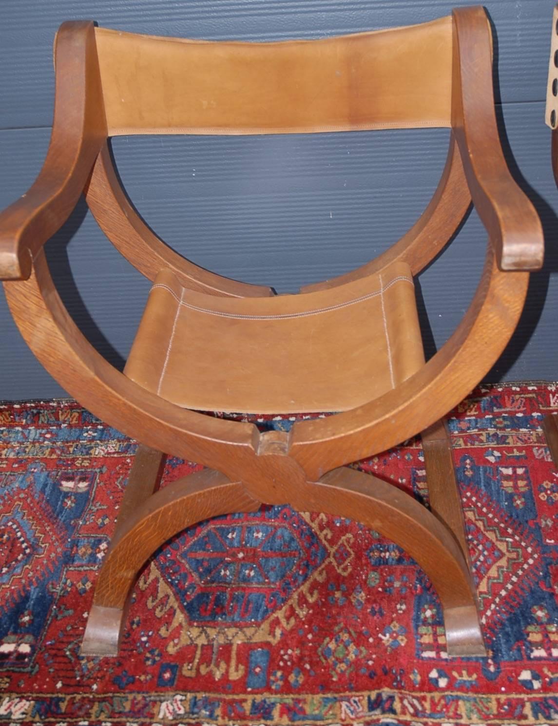 Danish Rare Midcentury Pair Oak X-frame Dagobert Armchairs with Leather Seats and Back For Sale