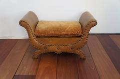 Mid 1900s Renaissance Revival Leather & Wood Fireplace Bench or Stool w. Pillow