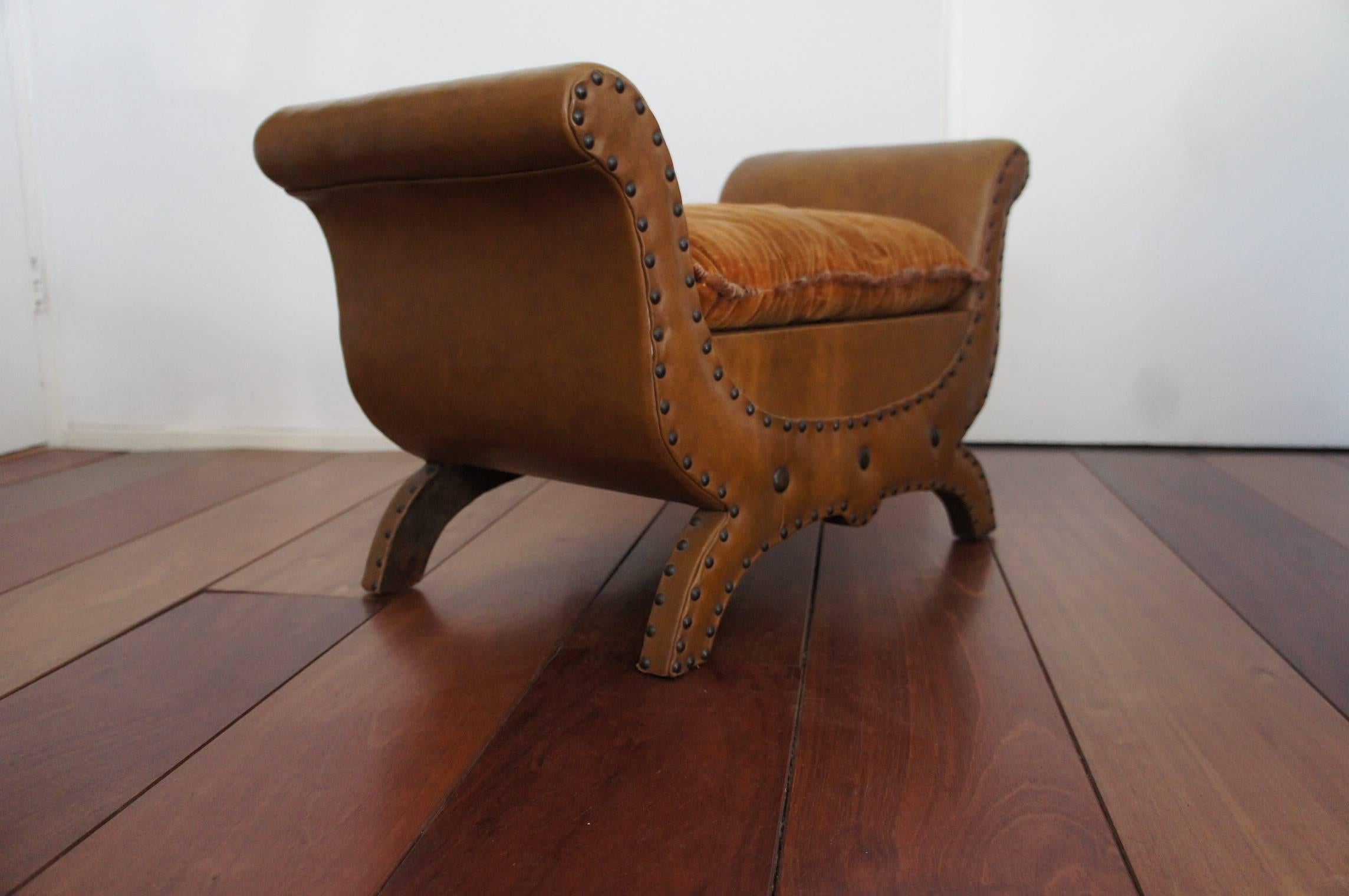 Hand-Crafted Mid 1900s Renaissance Revival Leather & Wood Fireplace Bench or Stool w. Pillow