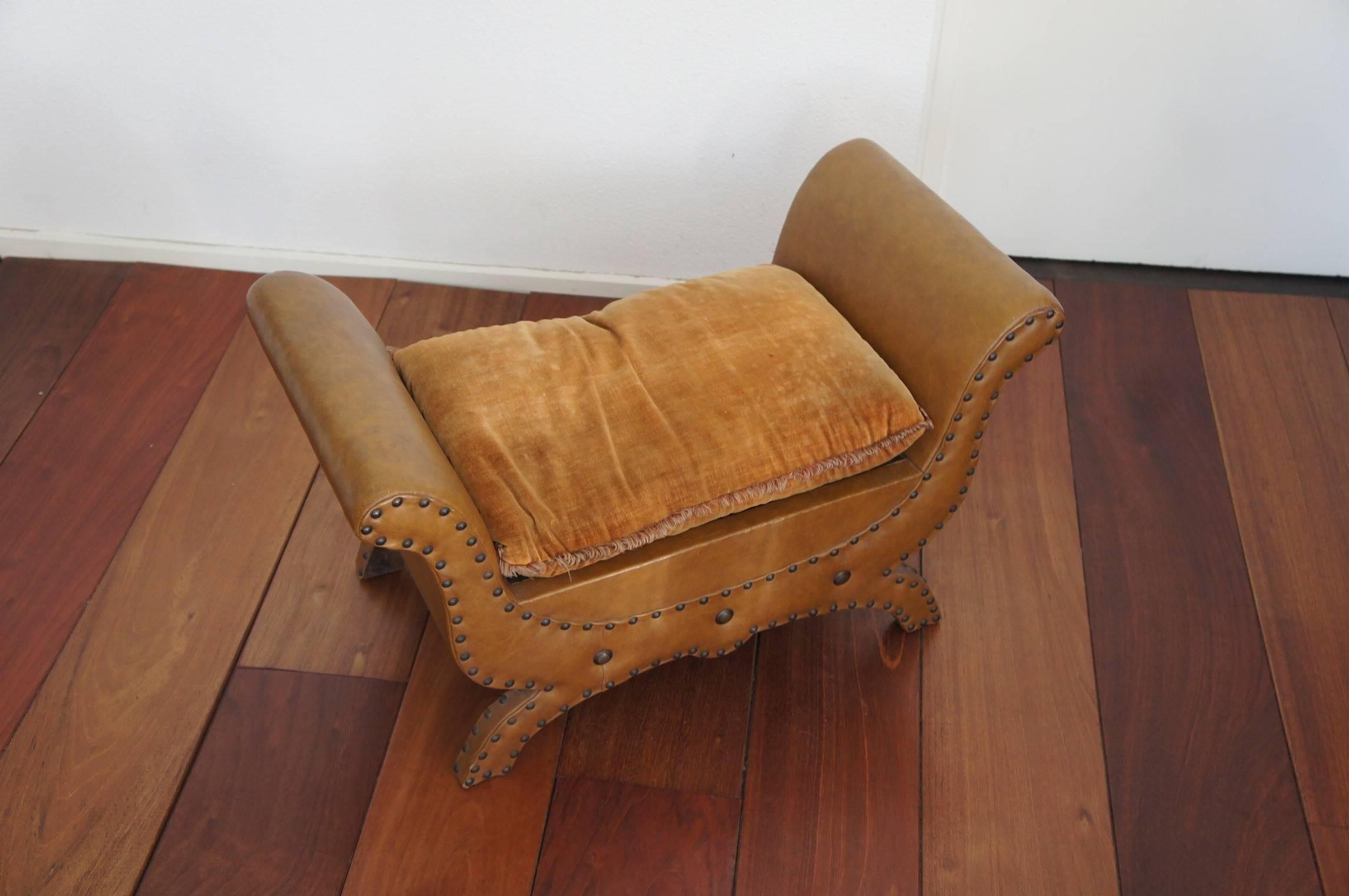 20th Century Mid 1900s Renaissance Revival Leather & Wood Fireplace Bench or Stool w. Pillow