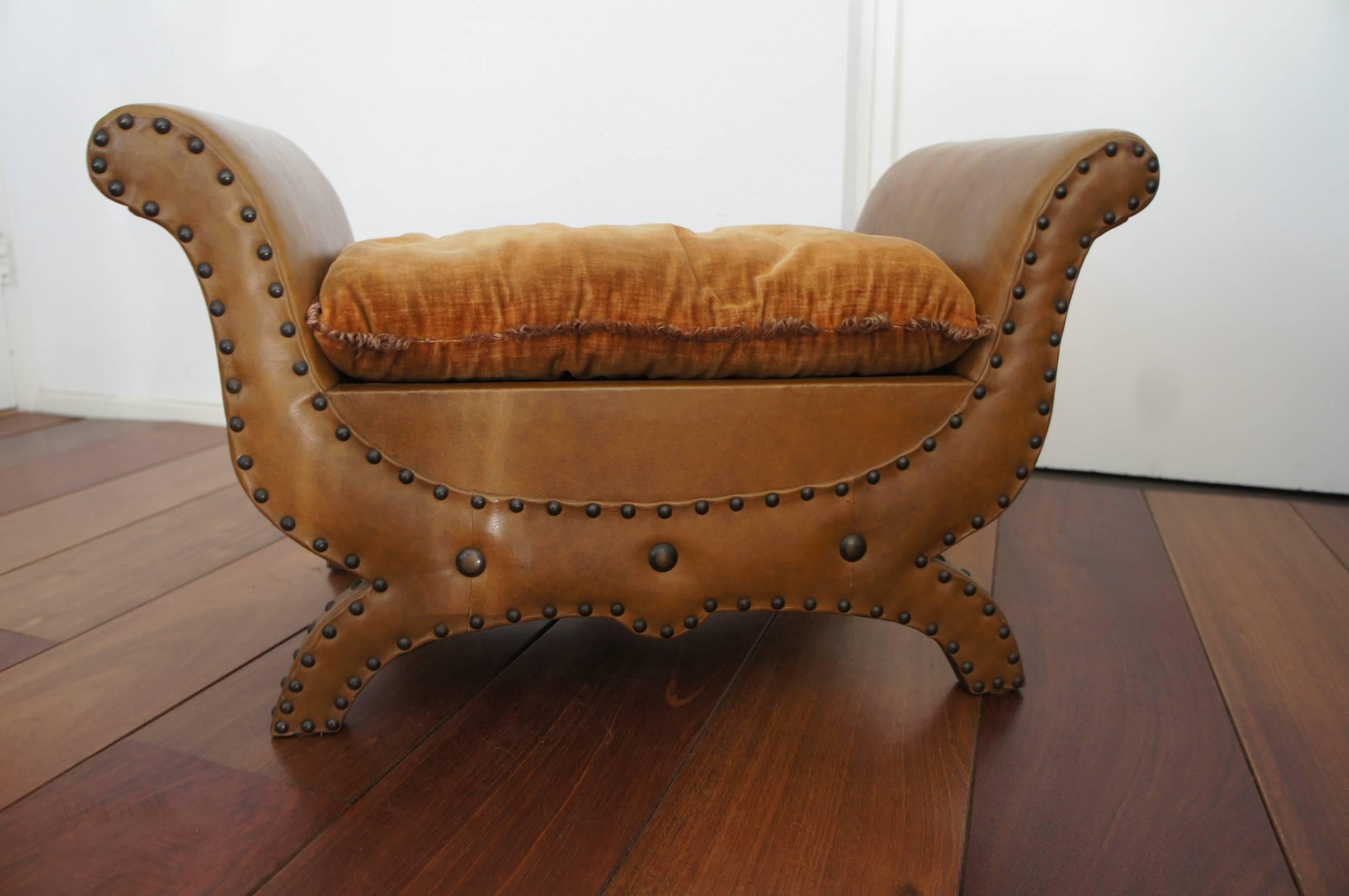 Mid 1900s Renaissance Revival Leather & Wood Fireplace Bench or Stool w. Pillow 2