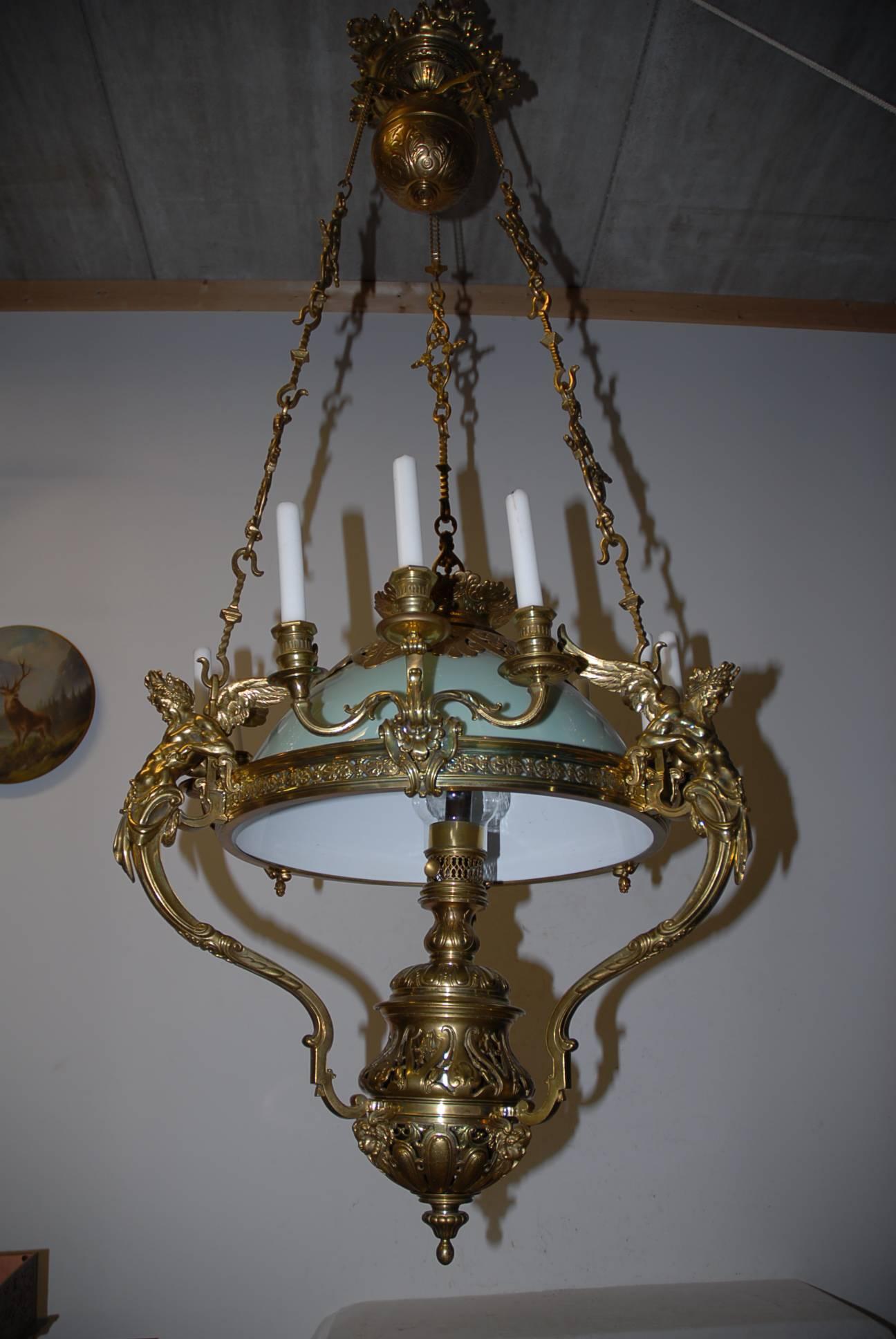Neoclassical Revival Large French 19th Century Neoclassical Style Bronze Oil Lamp Pendant with Zeus