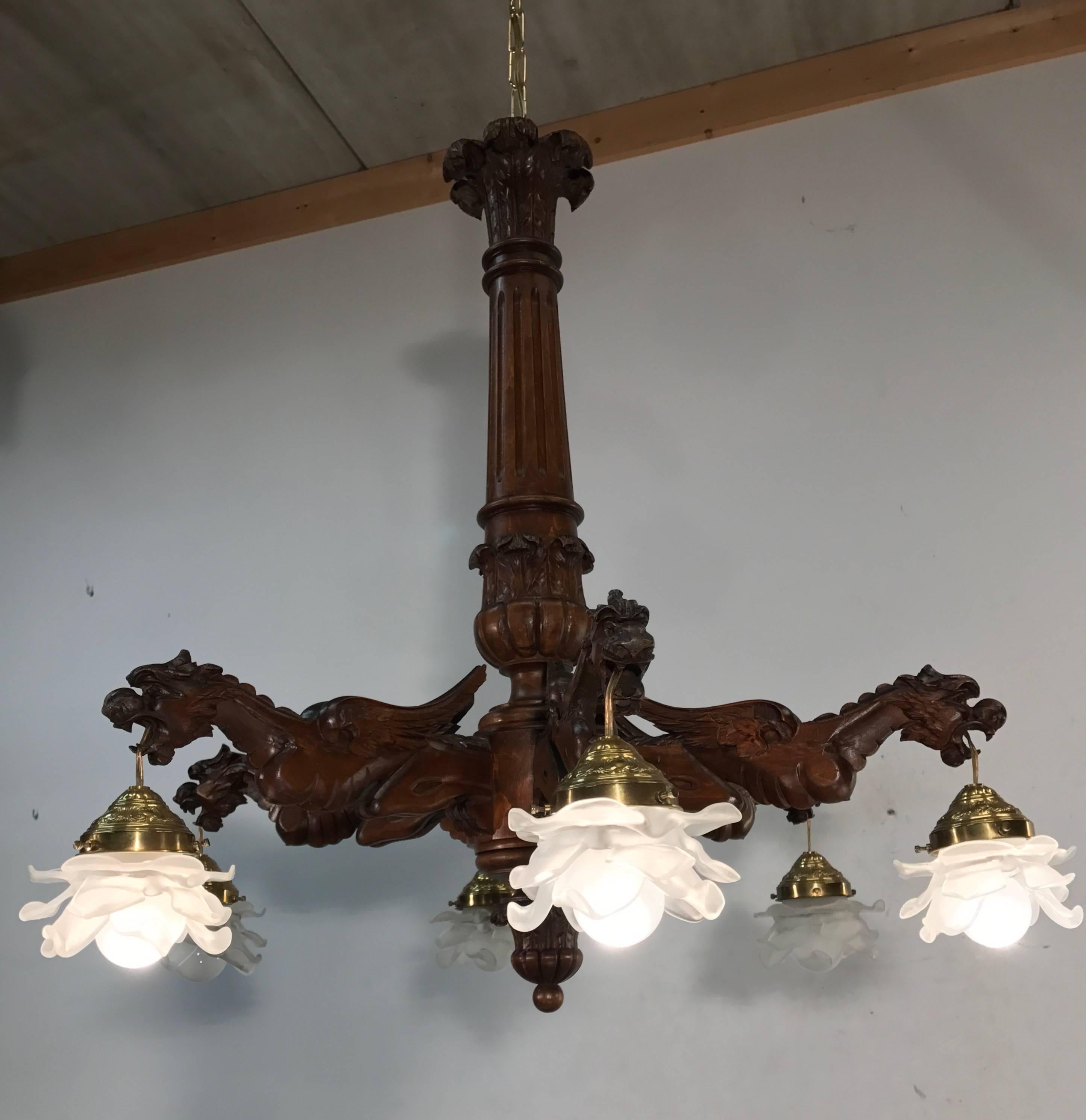 French  Stunning  Wooden Chandelier in Gothic or Medieval Style with Dragon Sculptures