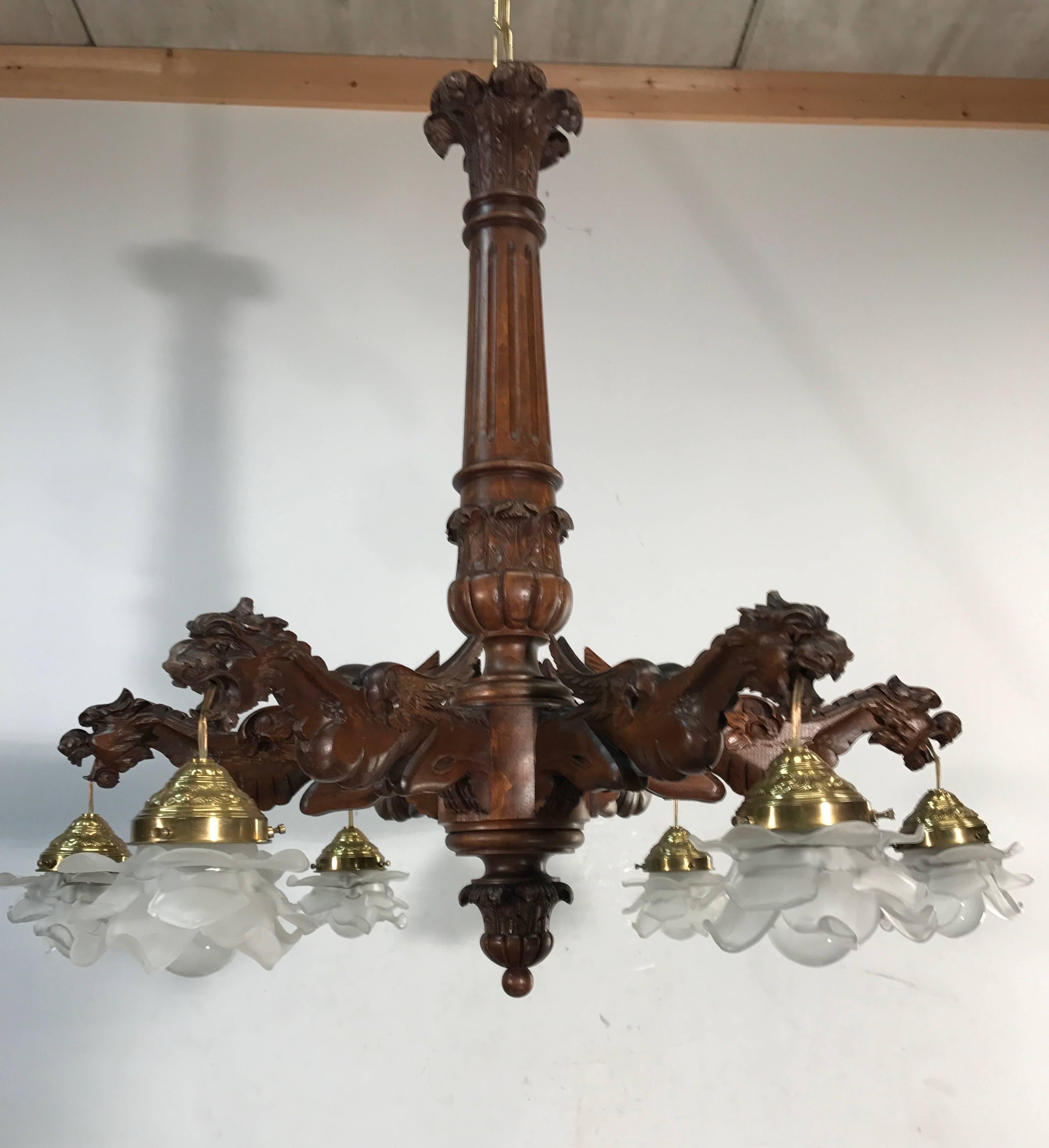  Stunning  Wooden Chandelier in Gothic or Medieval Style with Dragon Sculptures In Excellent Condition In Lisse, NL