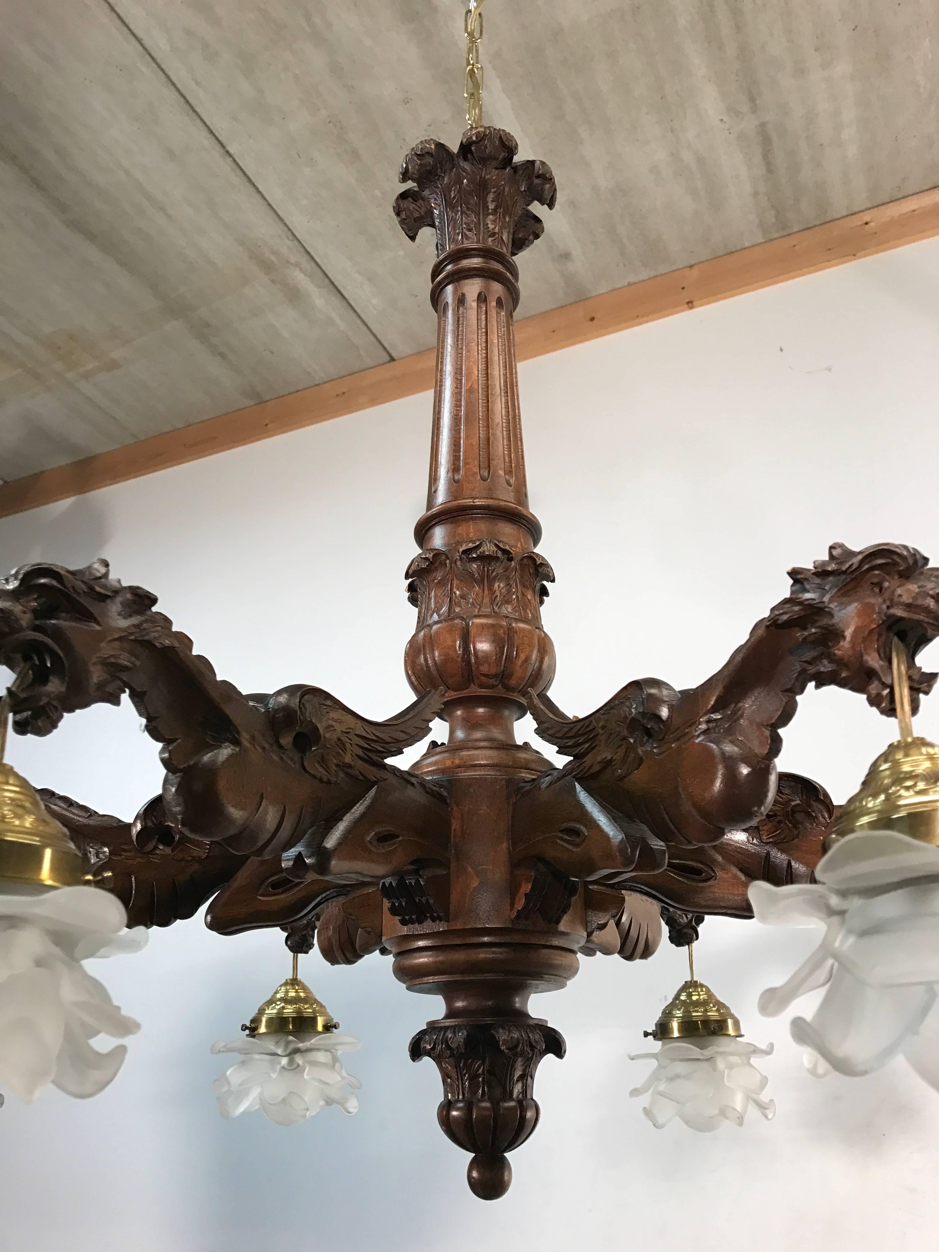 20th Century  Stunning  Wooden Chandelier in Gothic or Medieval Style with Dragon Sculptures