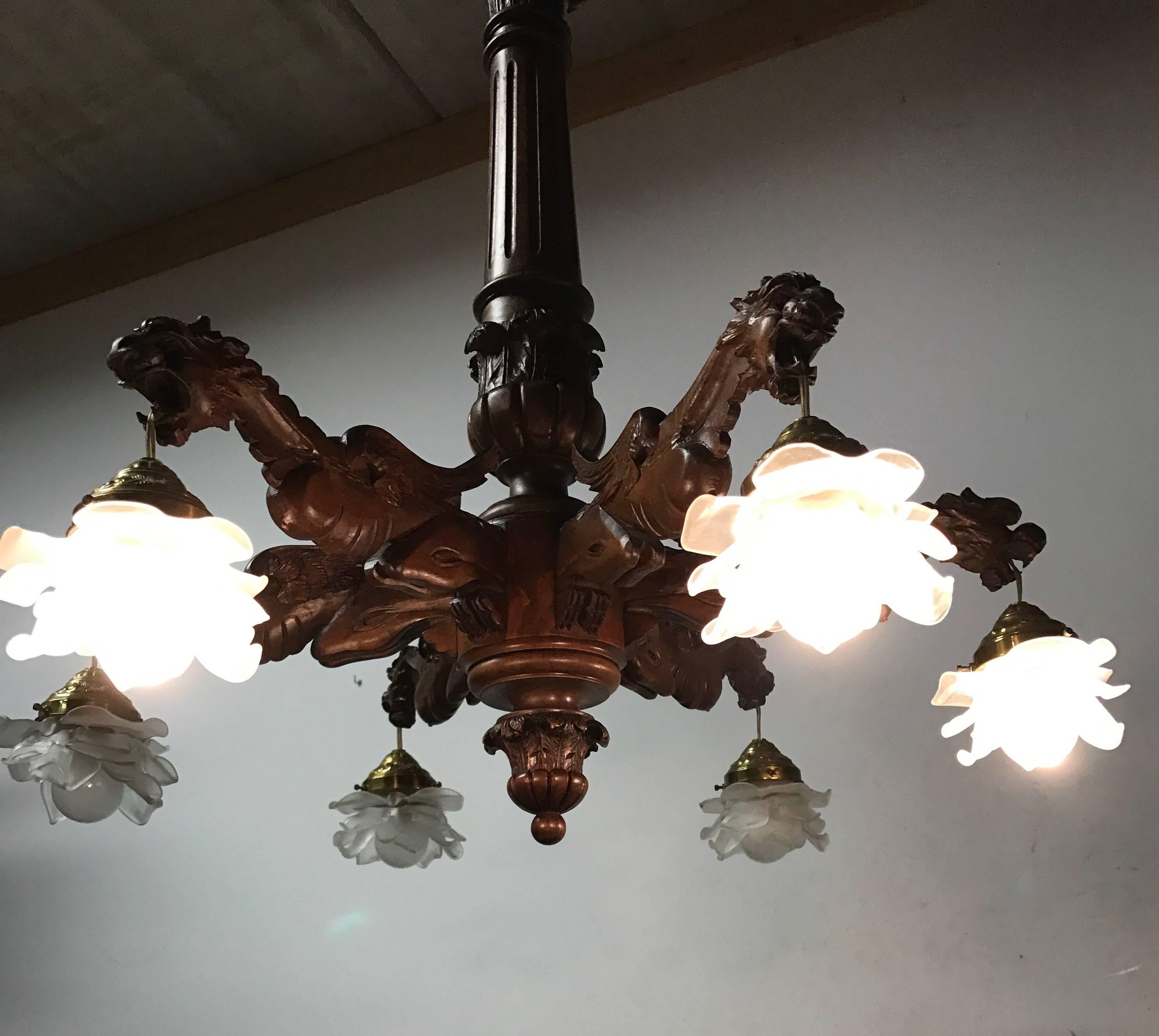 Stunning  Wooden Chandelier in Gothic or Medieval Style with Dragon Sculptures 1