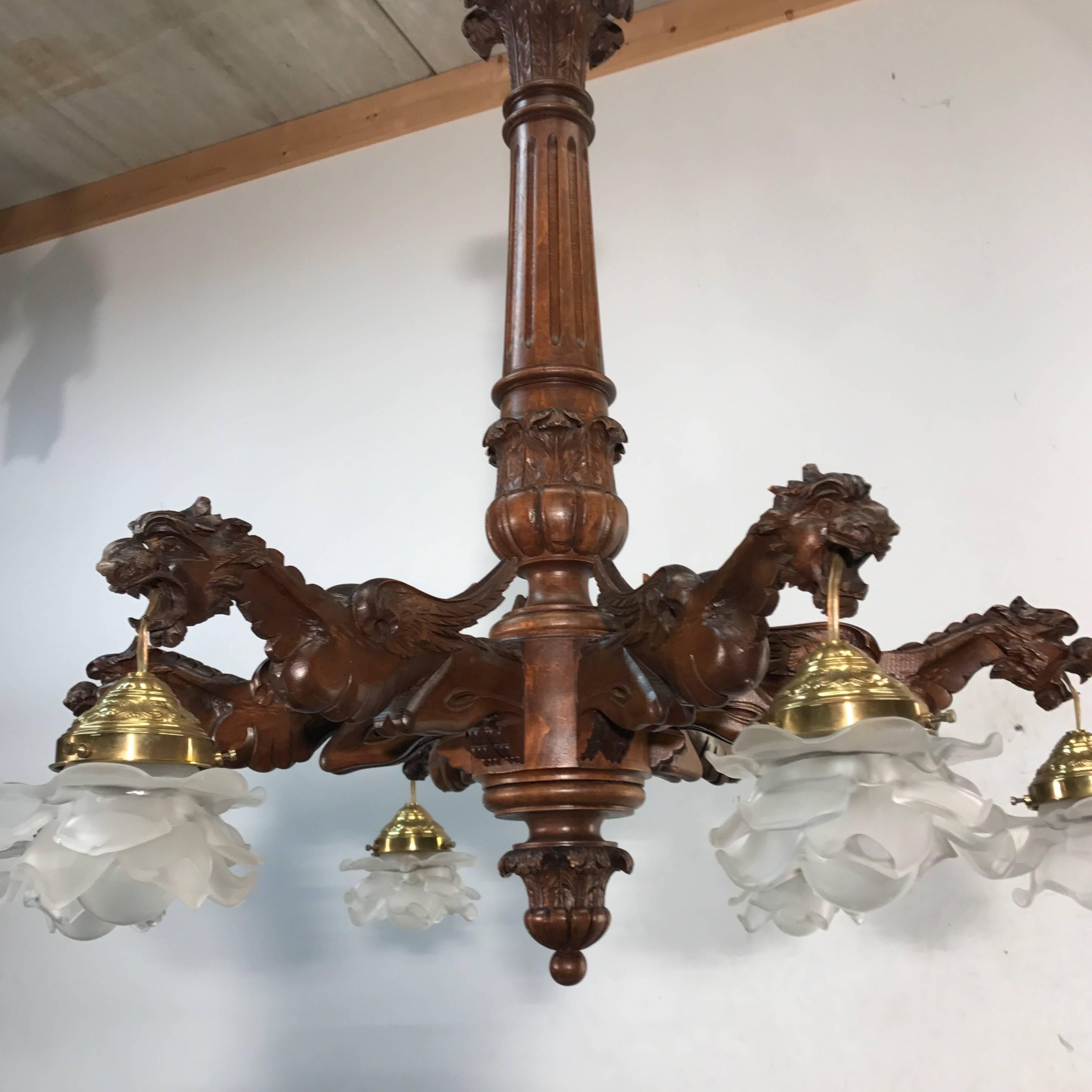  Stunning  Wooden Chandelier in Gothic or Medieval Style with Dragon Sculptures 2