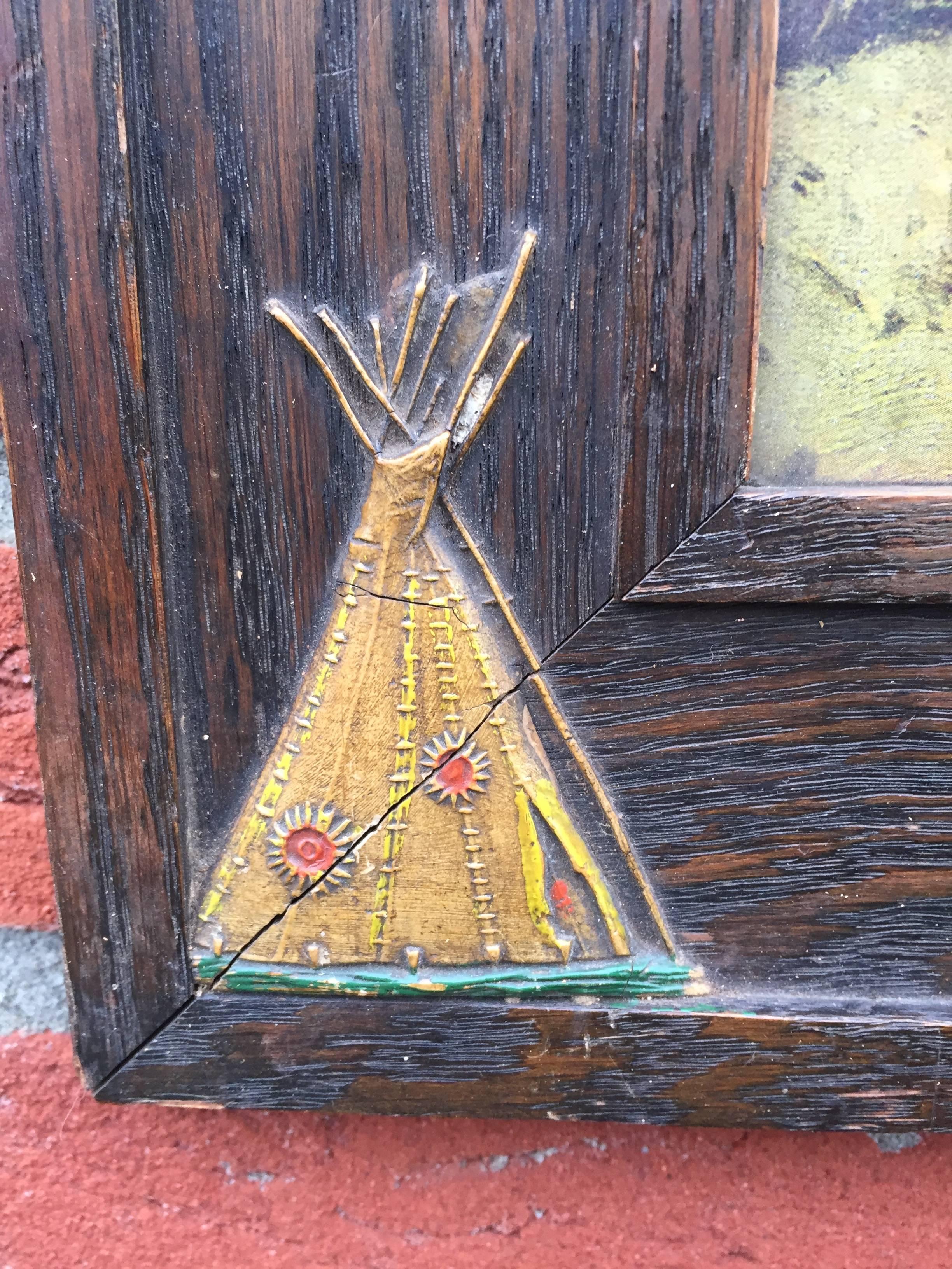 Antique Wooden Native Indian Design Picture Frame with Teepee Canoe Tomahawk Etc In Excellent Condition In Lisse, NL