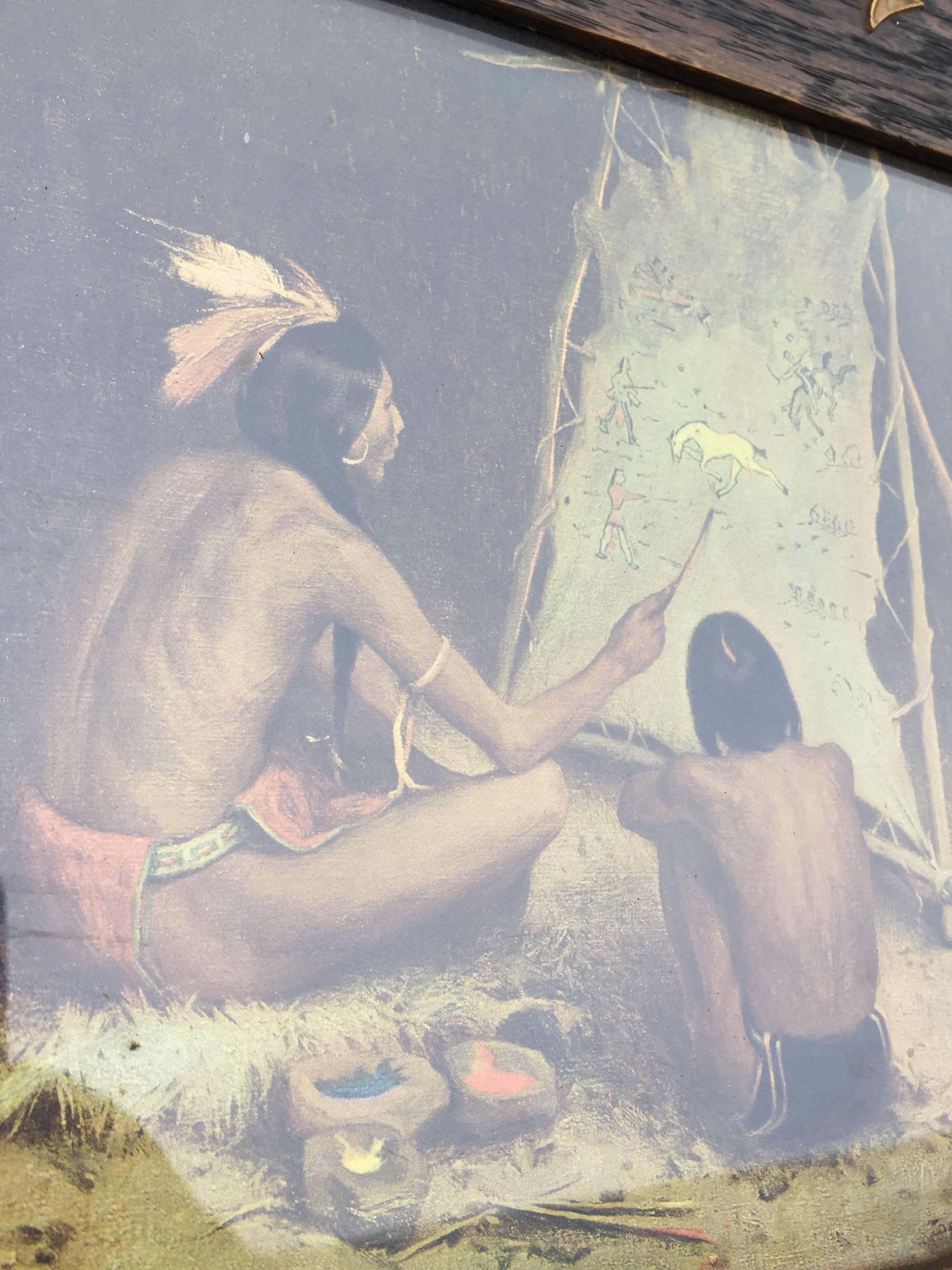 Antique Wooden Native Indian Design Picture Frame with Teepee Canoe Tomahawk Etc 1