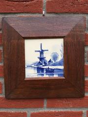 Pair of Hand-Painted Delft Blue Tiles in Picture Frame Landscape and Seascape
