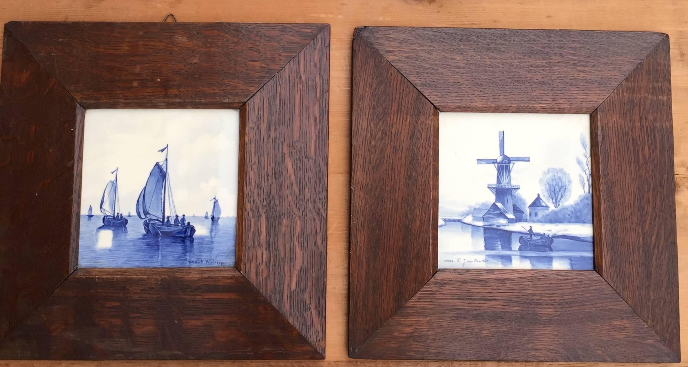 Pair of Hand-Painted Delft Blue Tiles in Picture Frame Landscape and Seascape In Excellent Condition In Lisse, NL