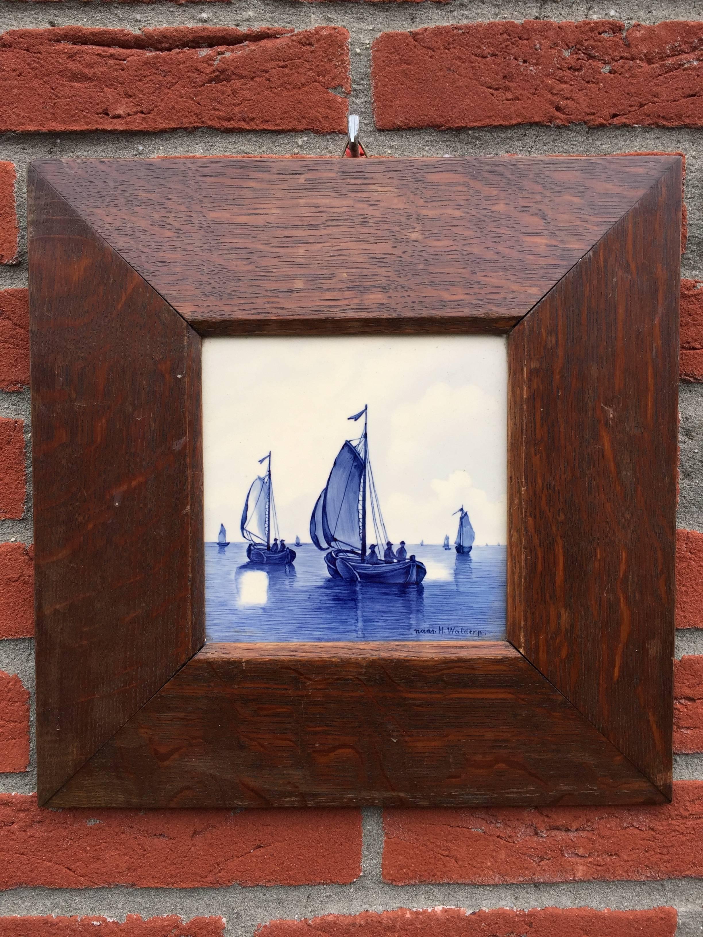 20th Century Pair of Hand-Painted Delft Blue Tiles in Picture Frame Landscape and Seascape