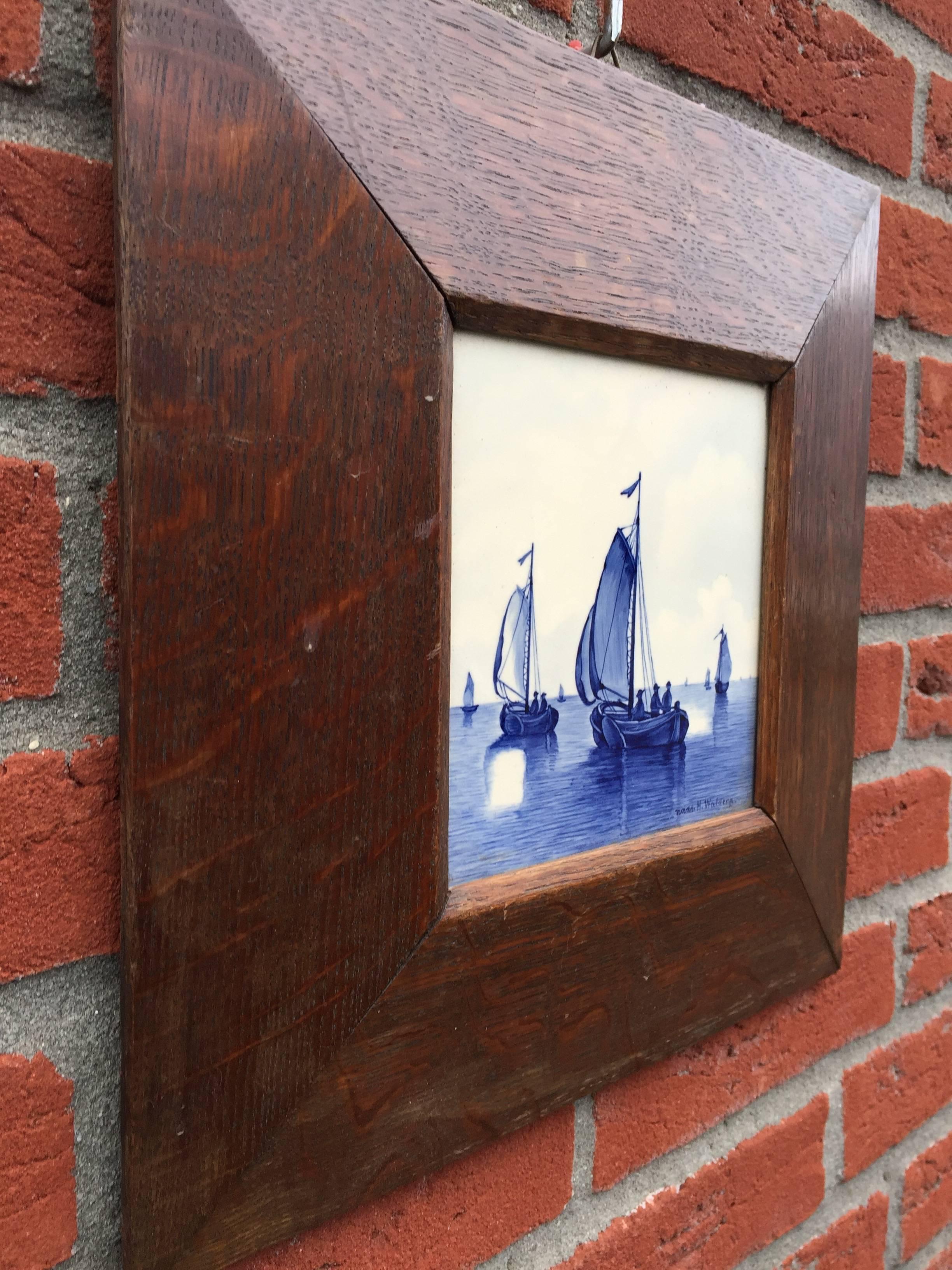 Porcelain Pair of Hand-Painted Delft Blue Tiles in Picture Frame Landscape and Seascape