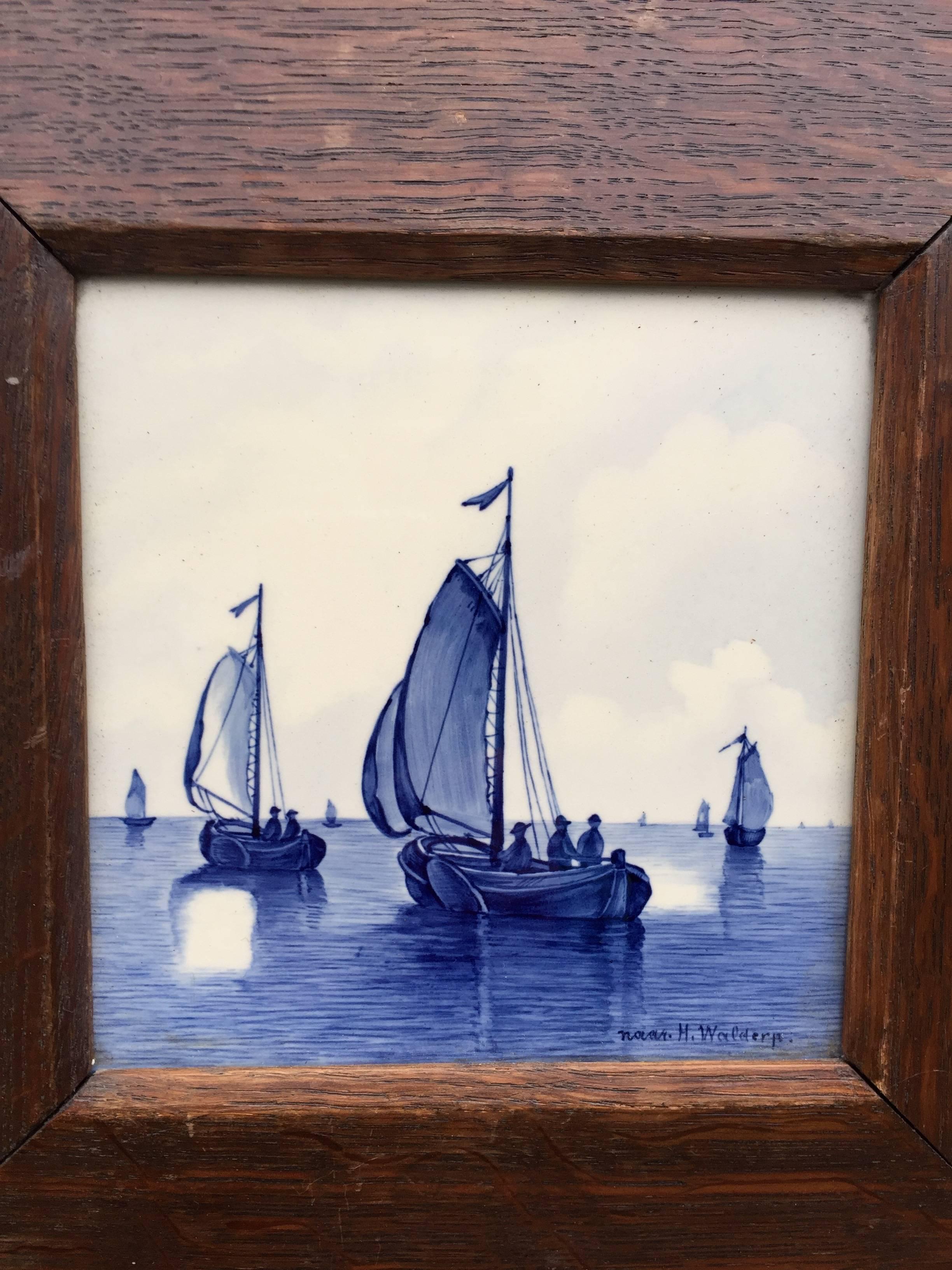 Pair of Hand-Painted Delft Blue Tiles in Picture Frame Landscape and Seascape 1