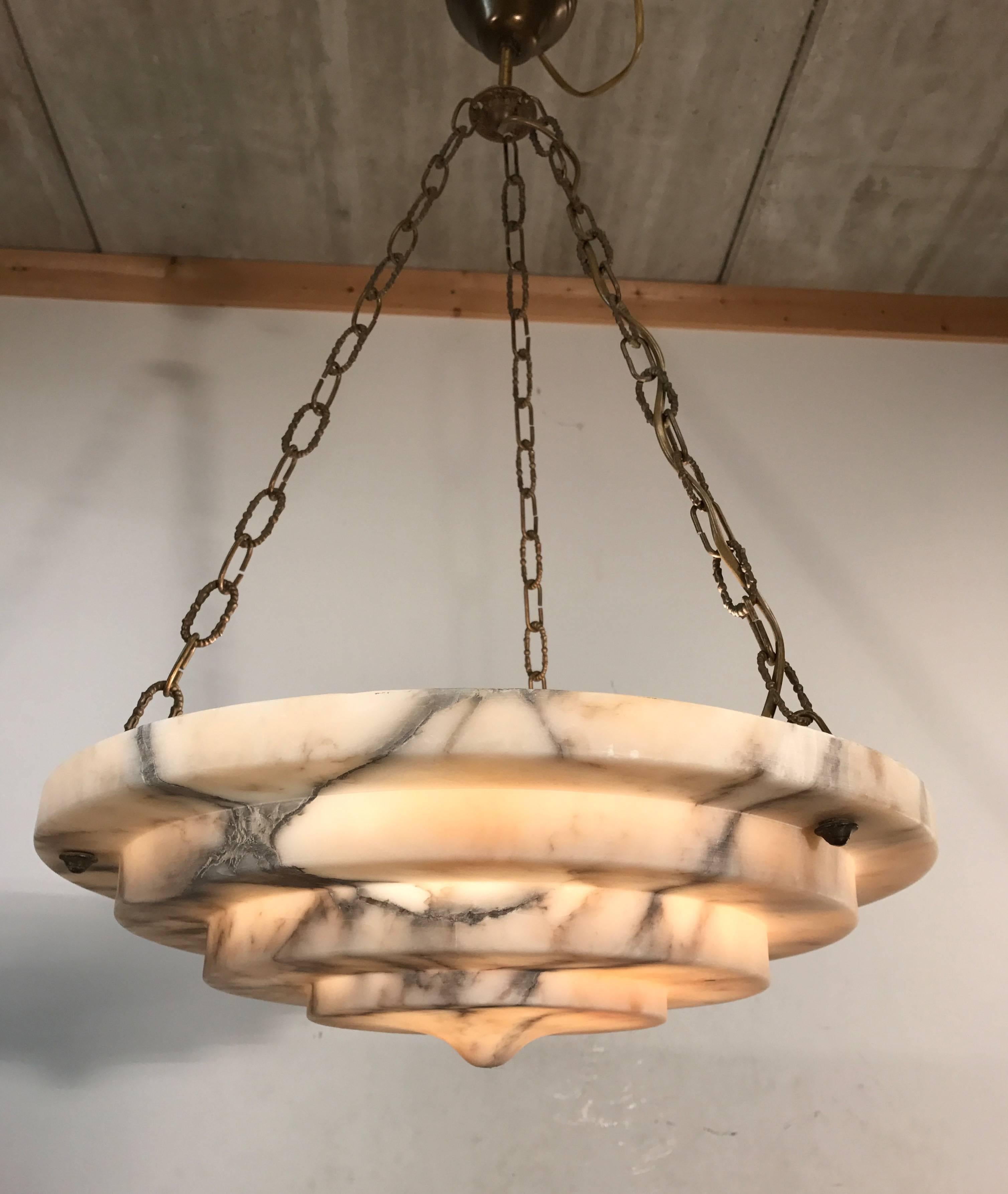 20th Century Good Size 1920s Art Deco Alabaster Pendant Ceiling Lamp Great Shape and Color