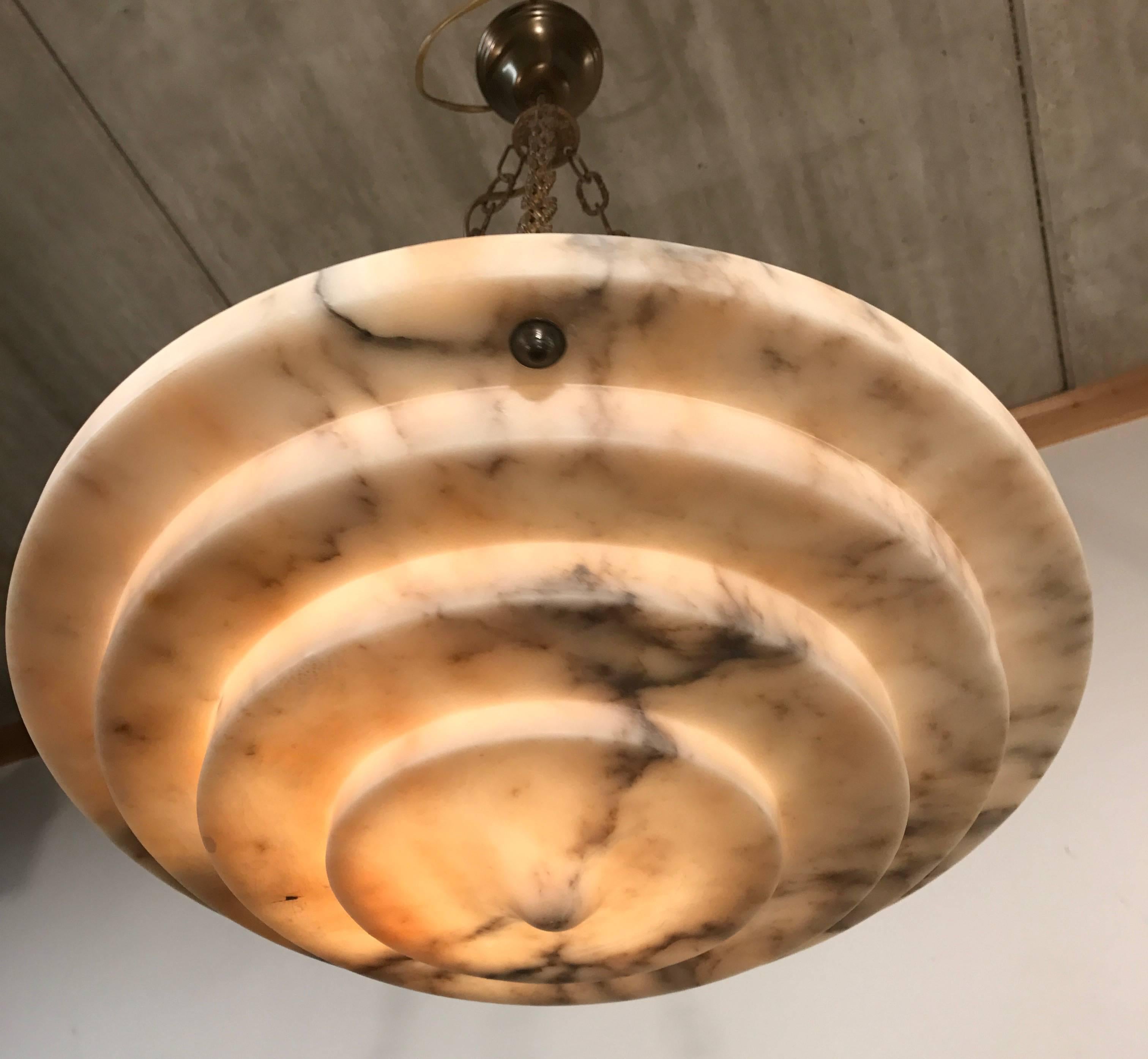 Brass Good Size 1920s Art Deco Alabaster Pendant Ceiling Lamp Great Shape and Color
