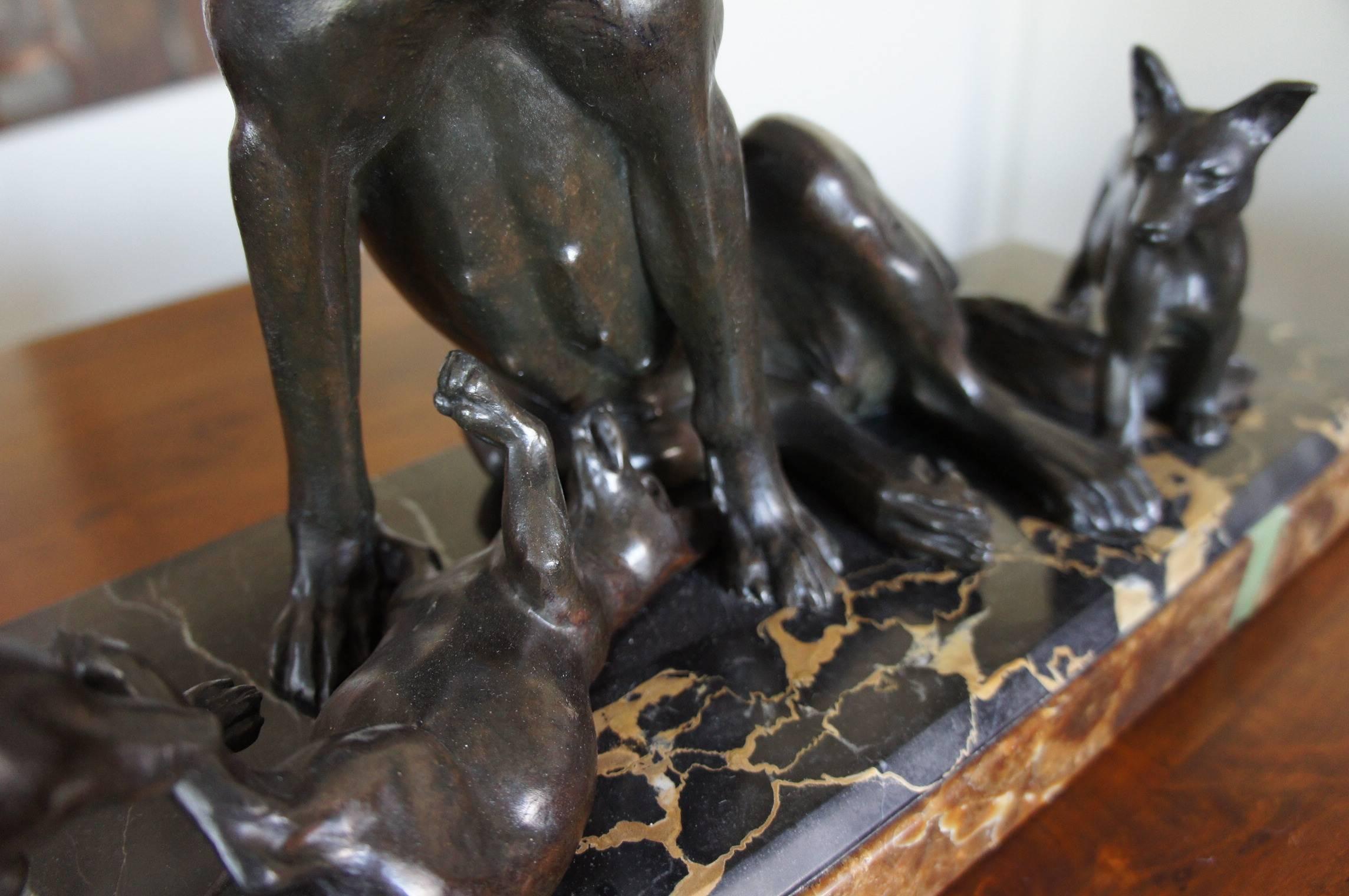 Patinated Rare and Large Art Deco Sculpture Shepherd Dog with Playful Puppies by Plagnet