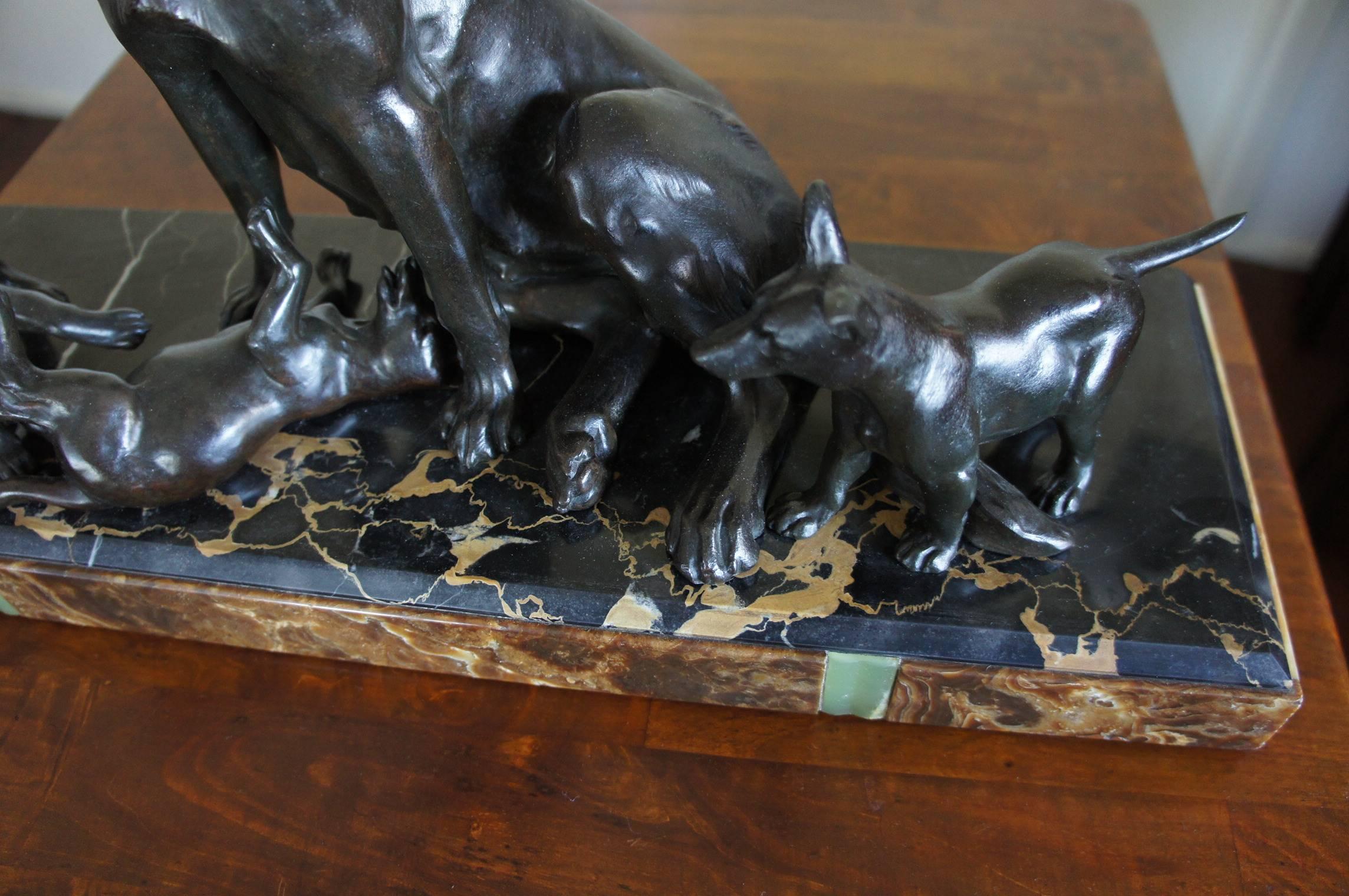 Rare and Large Art Deco Sculpture Shepherd Dog with Playful Puppies by Plagnet In Excellent Condition In Lisse, NL