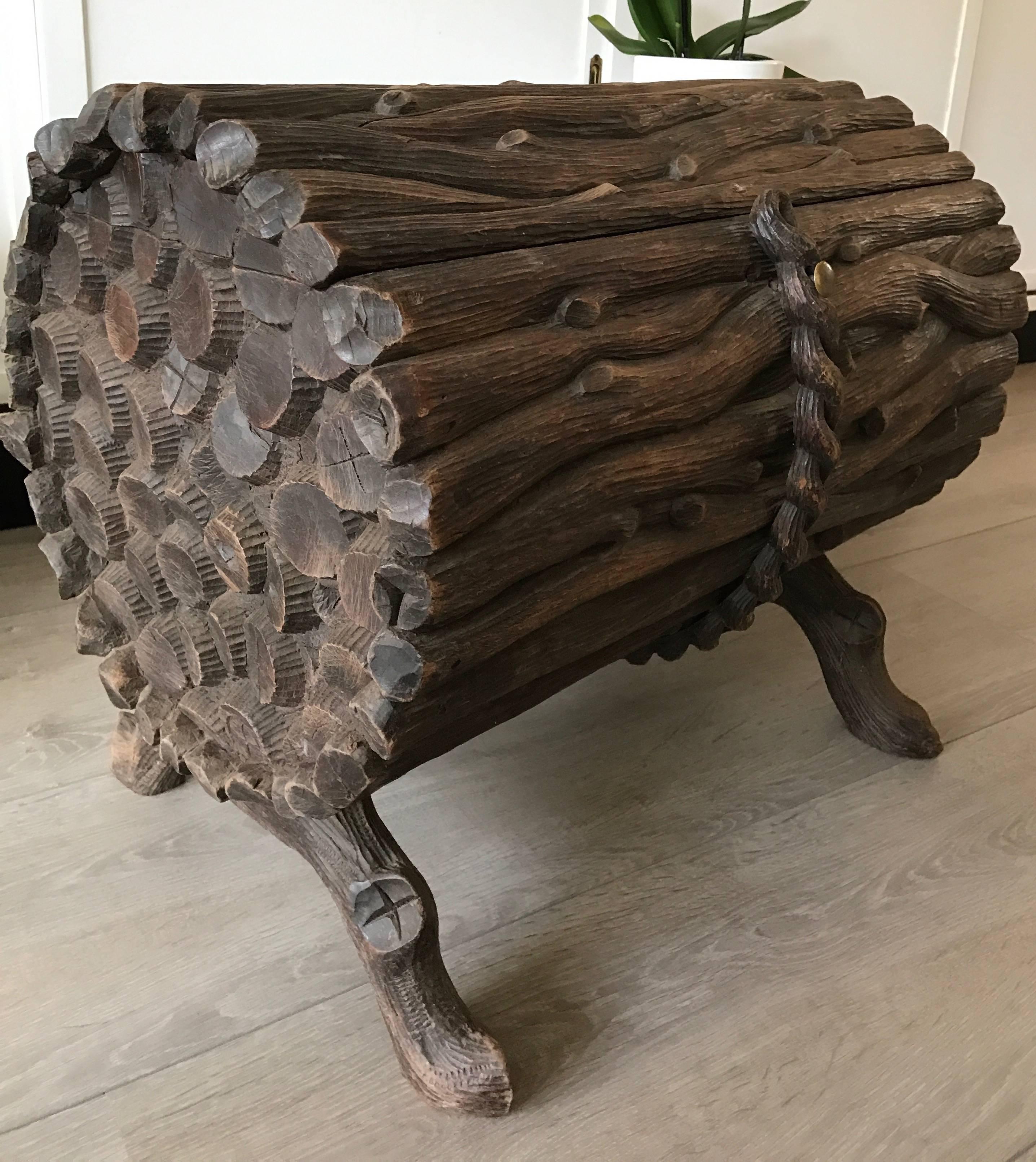 Rare Antique Black Forest Carved Wood Lodge Storage Box, Chest, Trunk  1