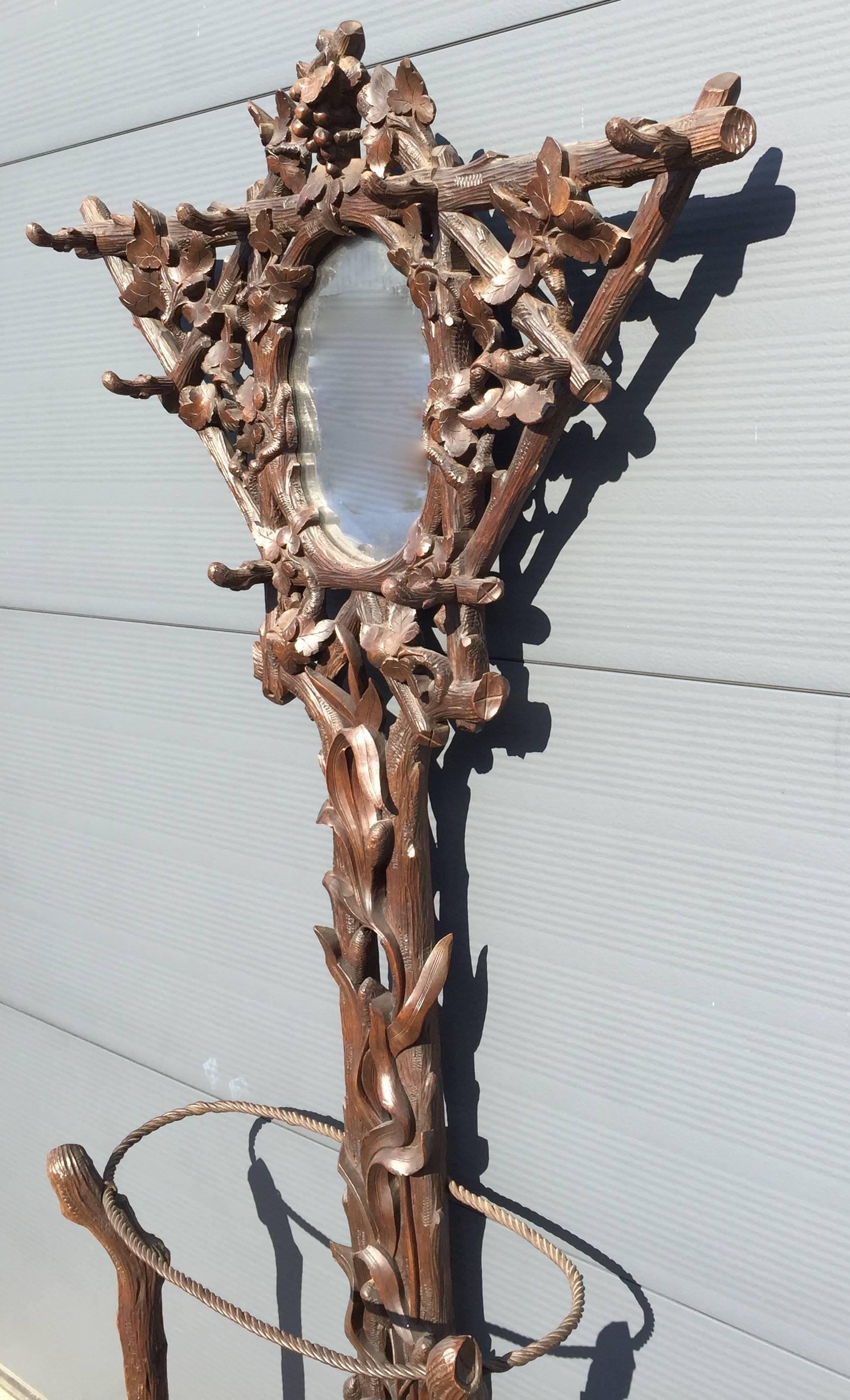 Dutch Rare Antique Black Forest Carved Tree Shaped Coat Rack, Umbrella Hall Stand Tree For Sale