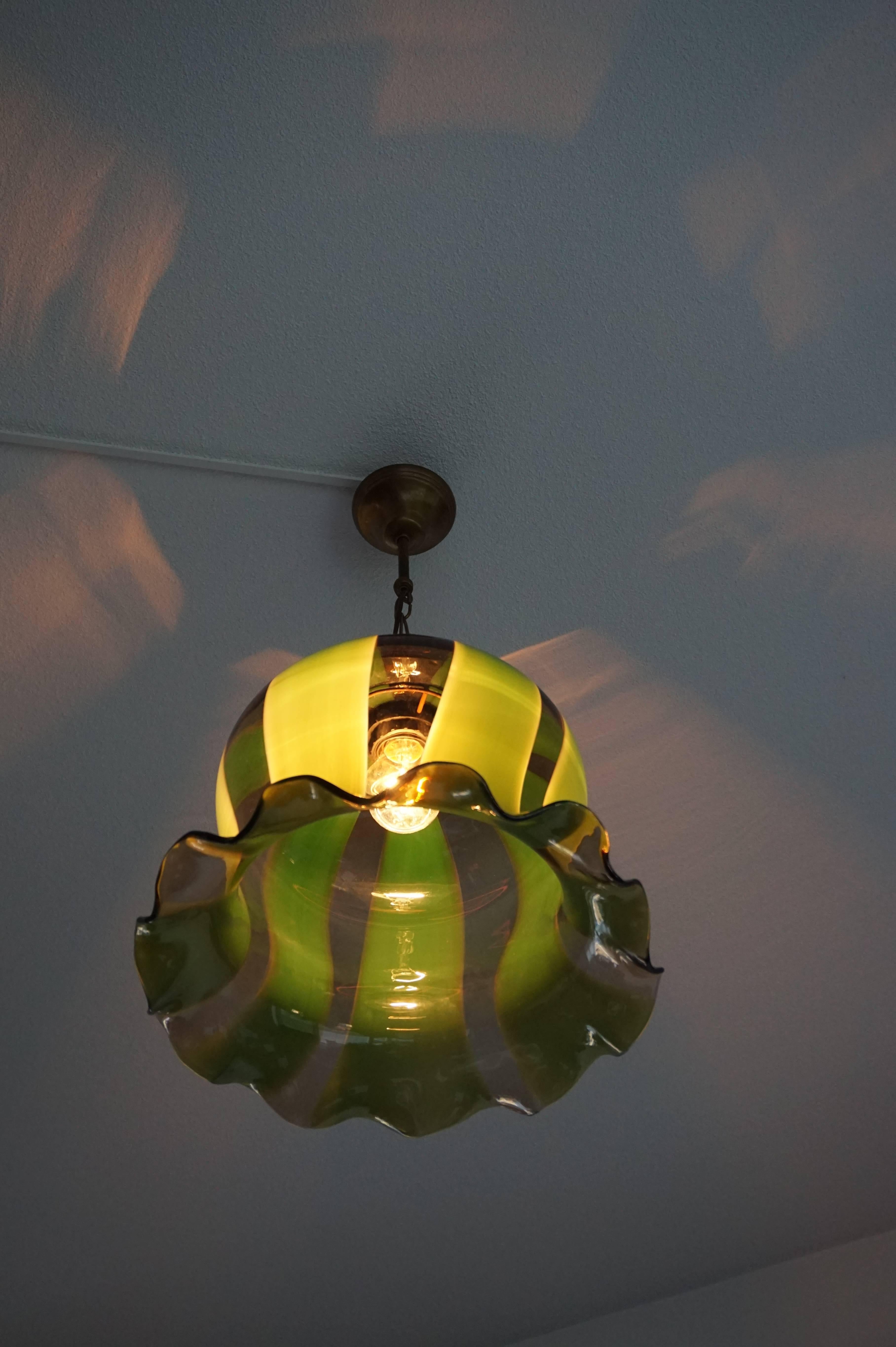 Hand-Crafted Mid-Century Modern Era Flower Design Green Pendant Light / One Light Chandelier