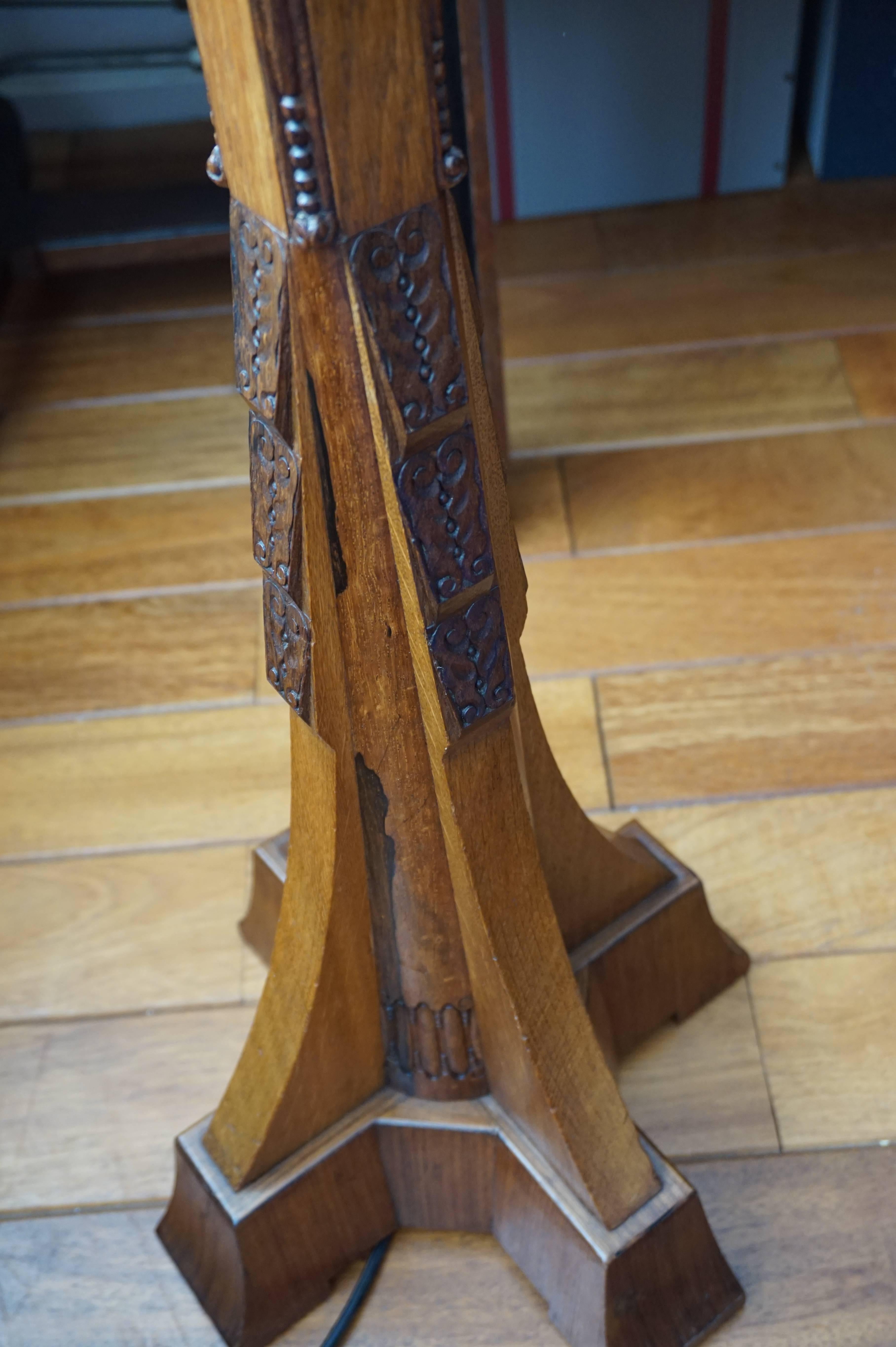 20th Century Stunning & Hand Carved Arts and Crafts Floor Lamp of Solid Oak & Coromandel Wood