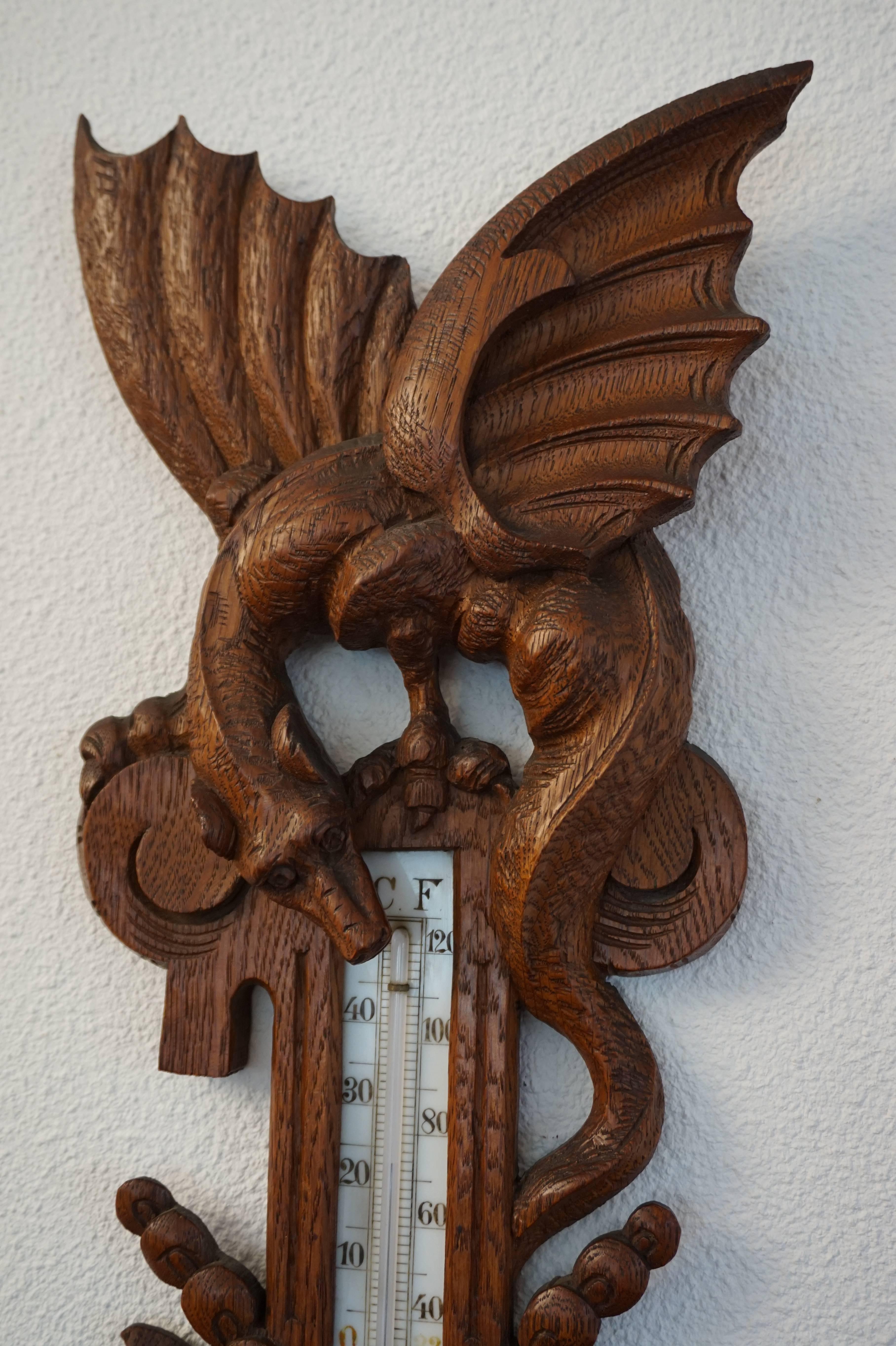 This rare and decorative barometer with thermometer is in excellent condition!

Have you ever seen a barometer with a carved dragon? This rare piece was probably custom-made for a person who had a passion for dragons. It could also be that the