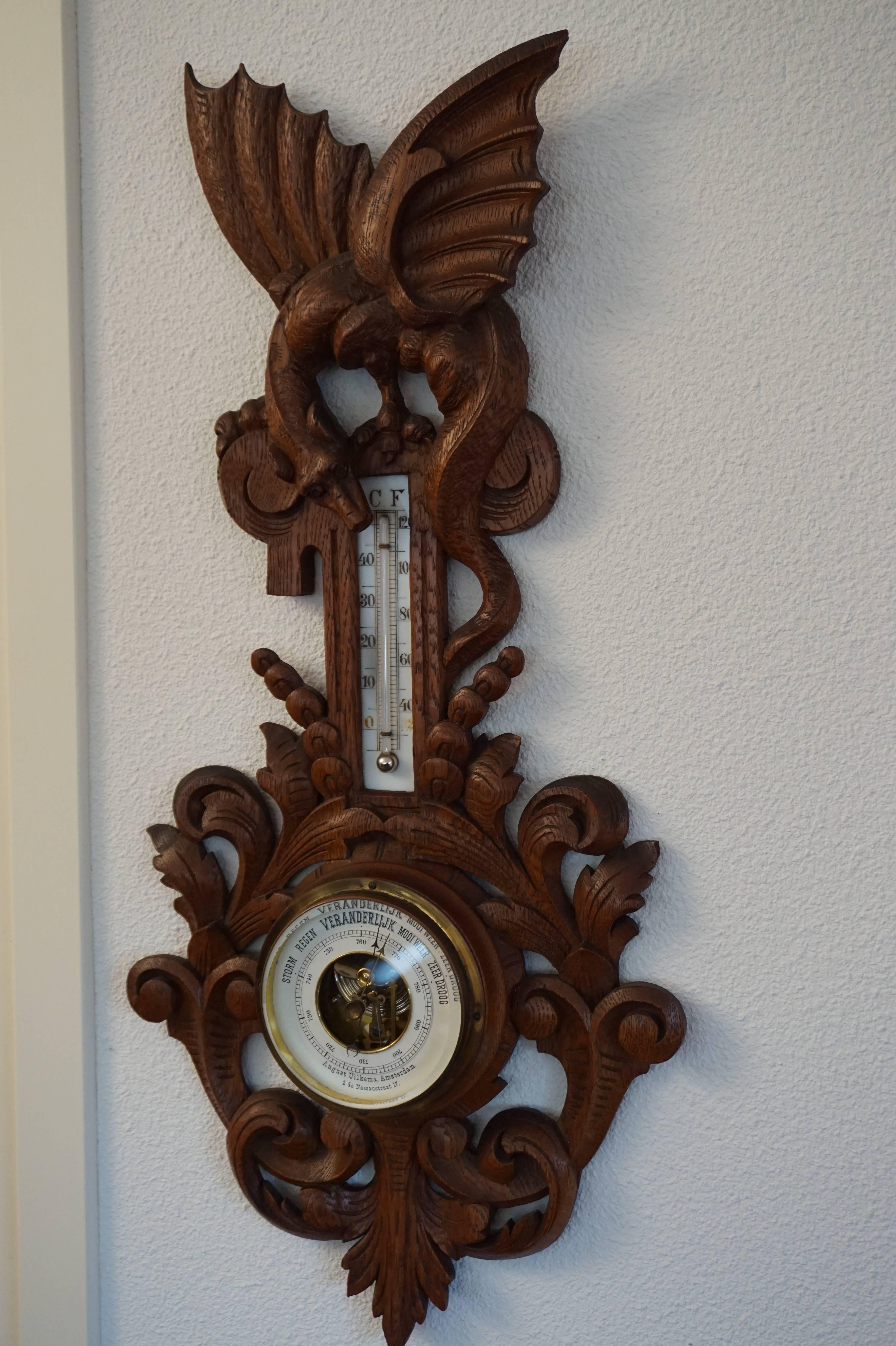 Early 20th Century Good Size Carved Barometer with a Dragon Sculpture For Sale 5
