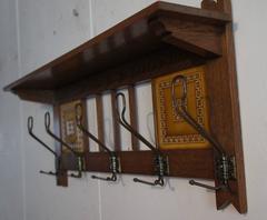 Early 20th Century Art Deco Oak and Majolica Glazed Tiles Coat Rack