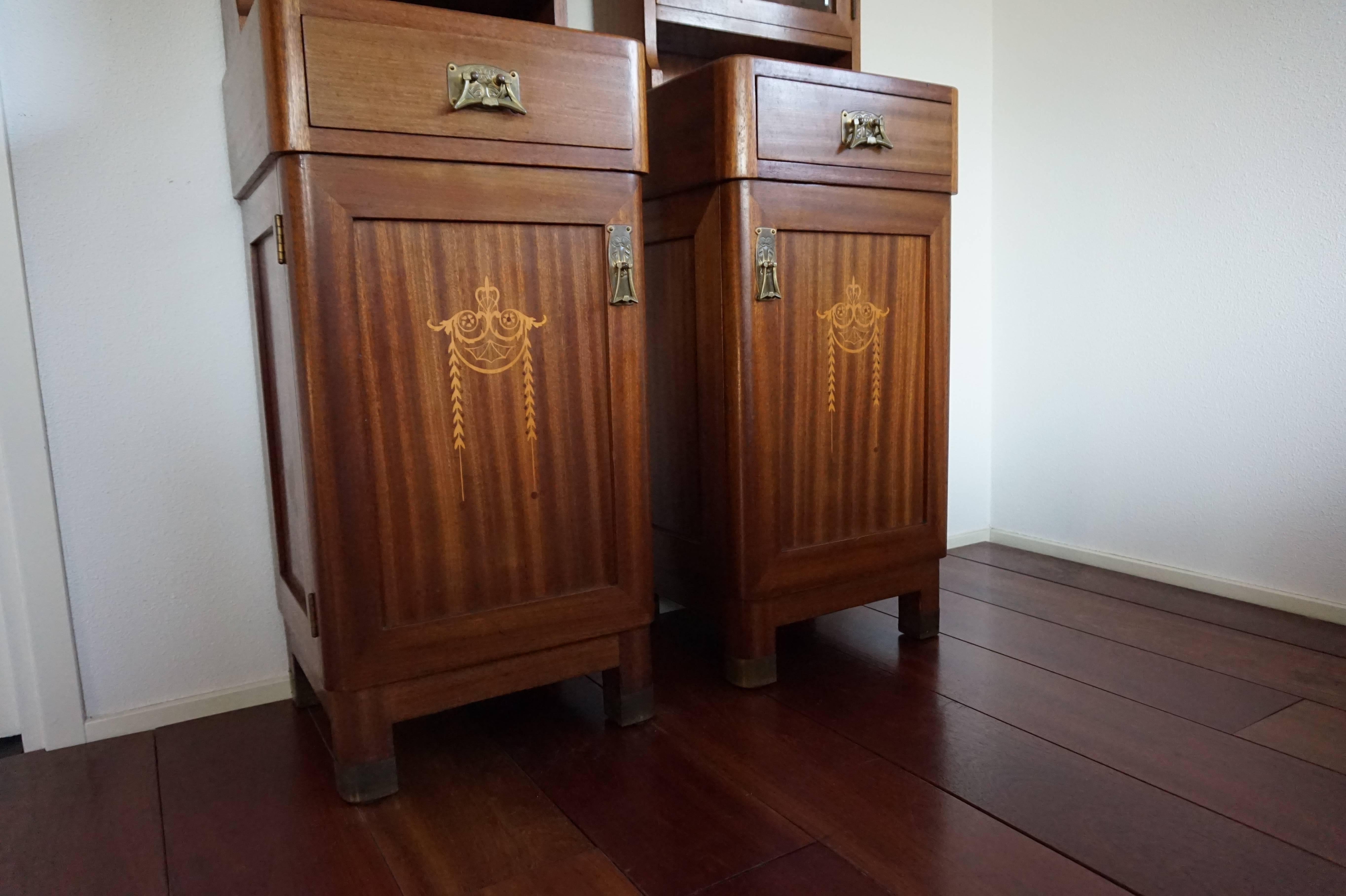 Beveled Wonderful Mahogany Art Nouveau Bedside Tables / Nightstands with Satinwood Inlay