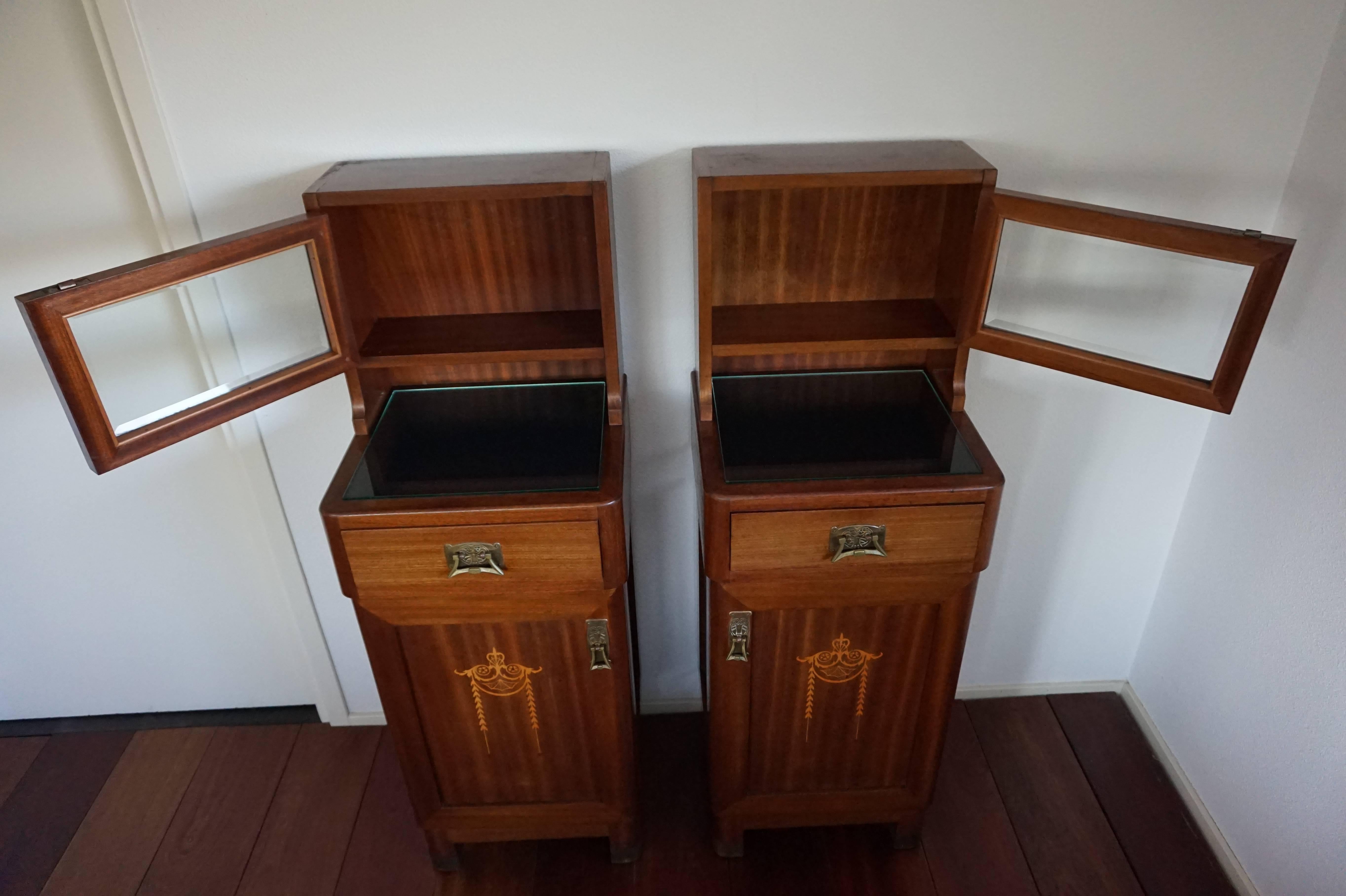 20th Century Wonderful Mahogany Art Nouveau Bedside Tables / Nightstands with Satinwood Inlay