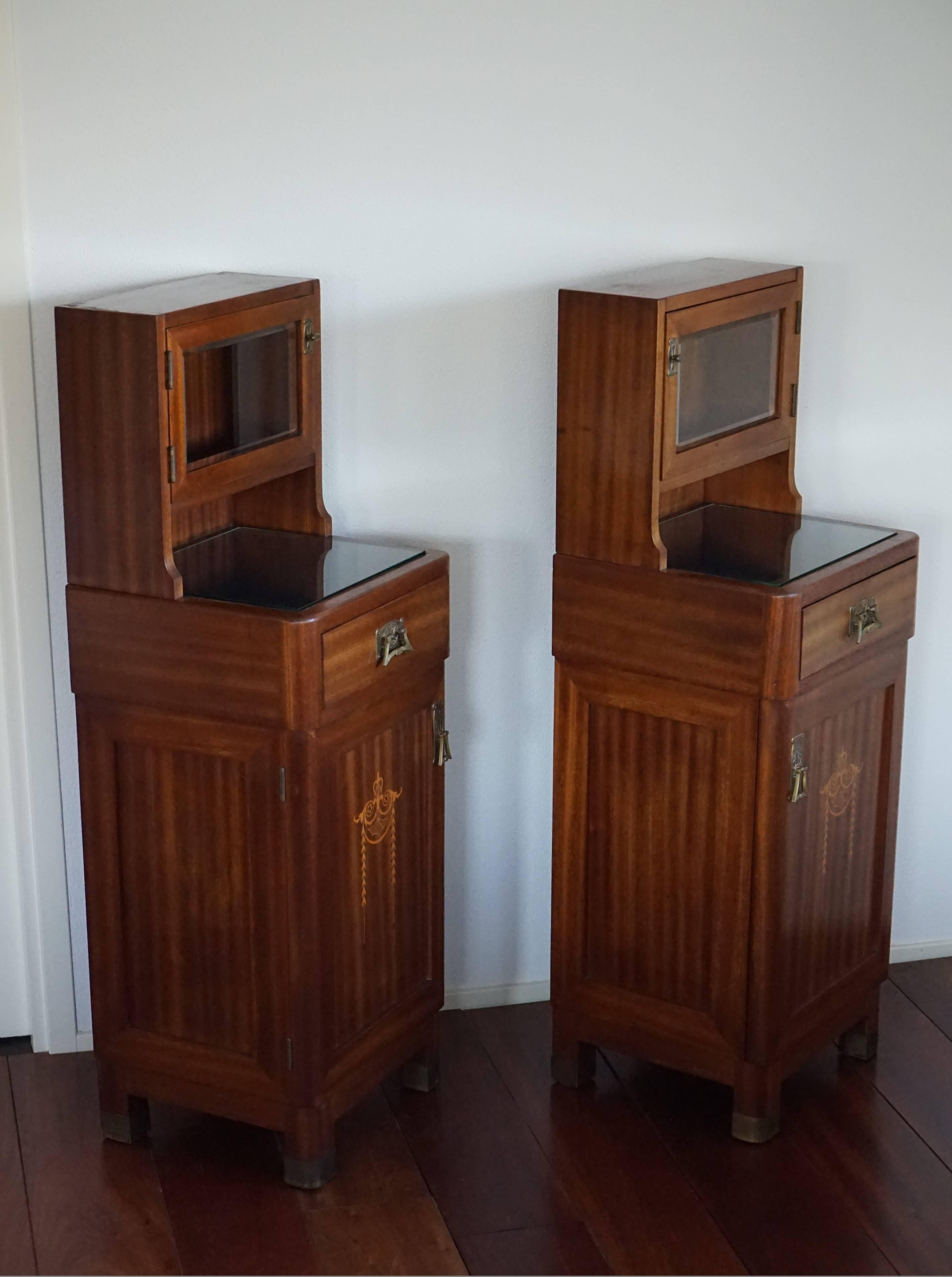 Wonderful Mahogany Art Nouveau Bedside Tables / Nightstands with Satinwood Inlay 1